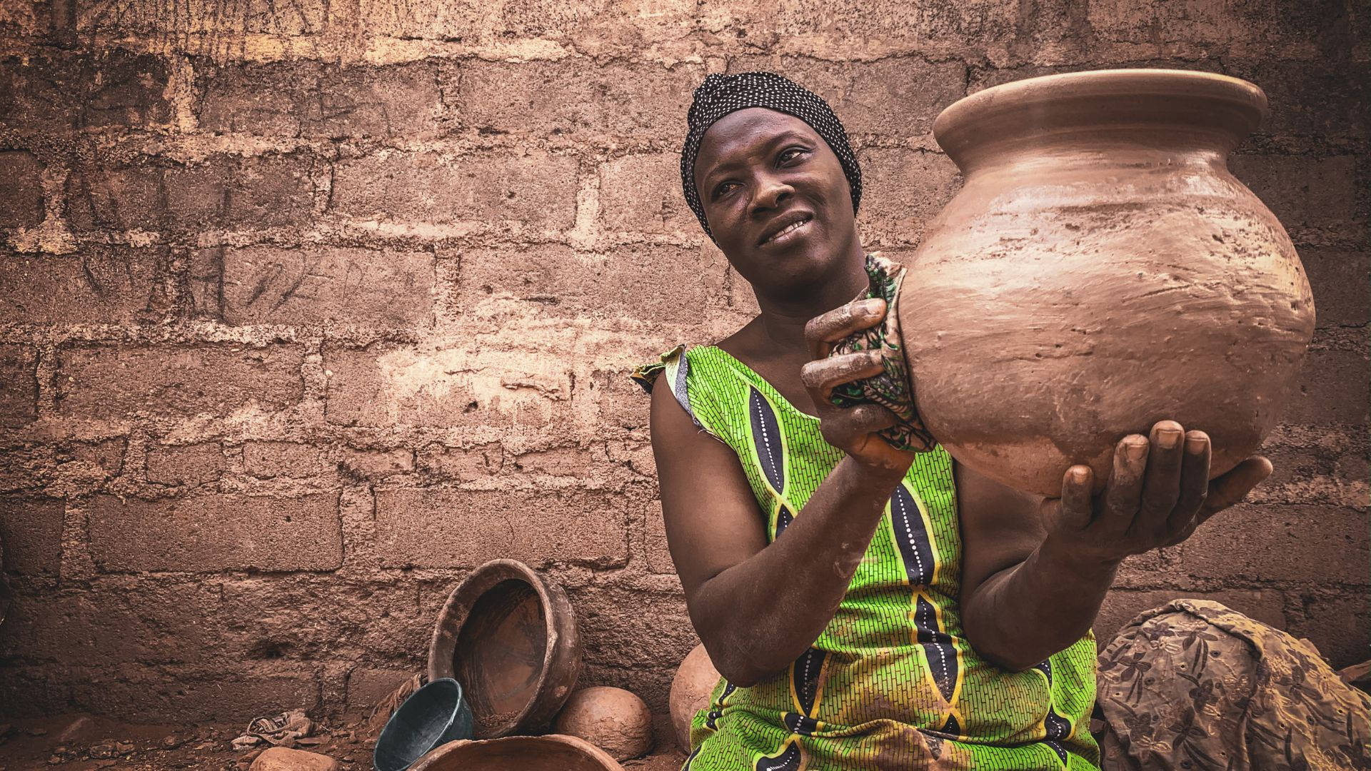 Poor African Woman Holding Jar Background