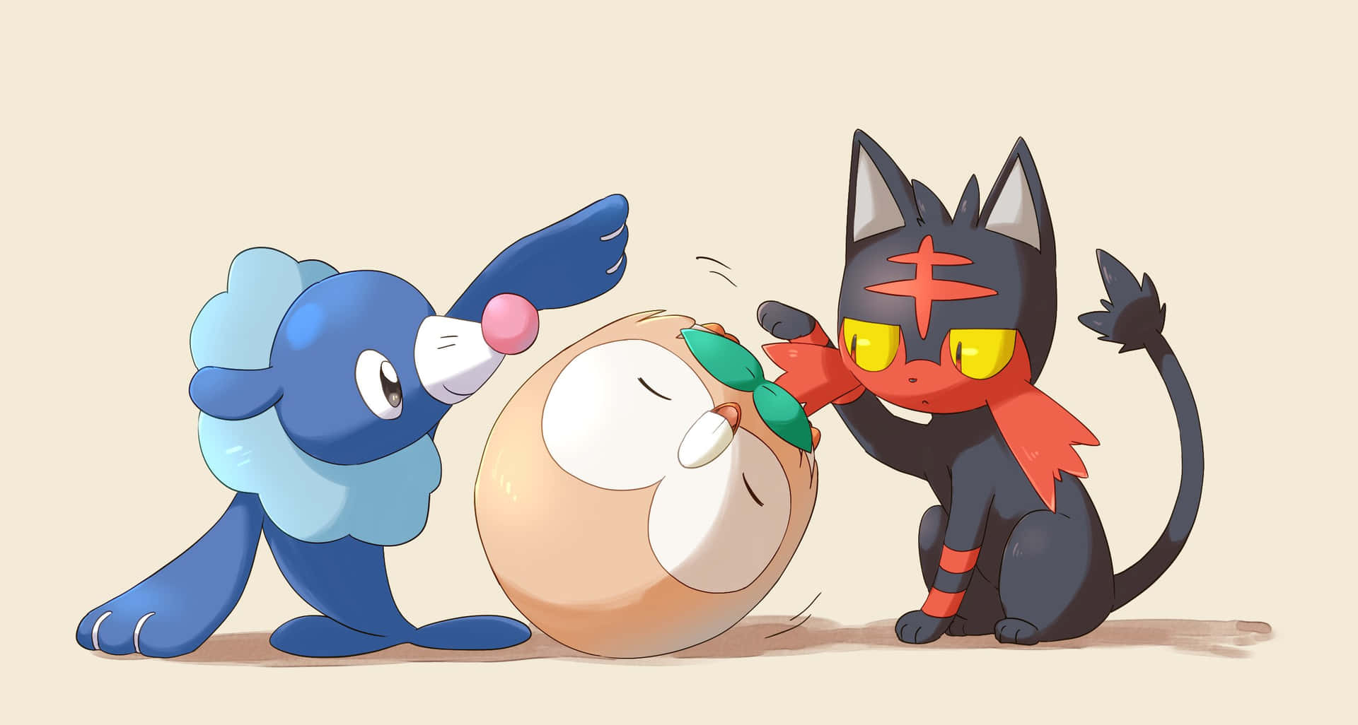 Popplio And Litten Playing With Rowlet Background