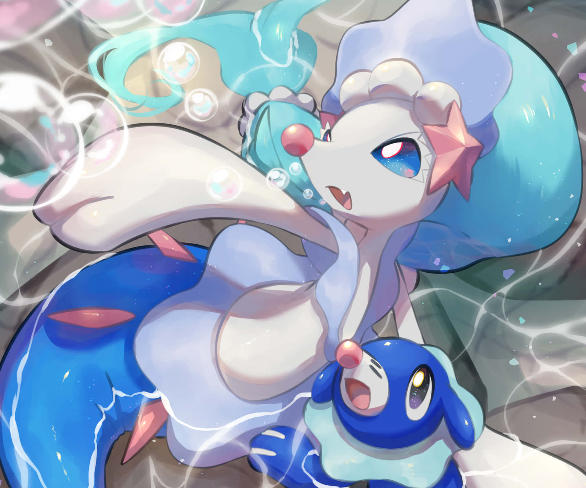 Popplio And Primarina Swimming Together Background