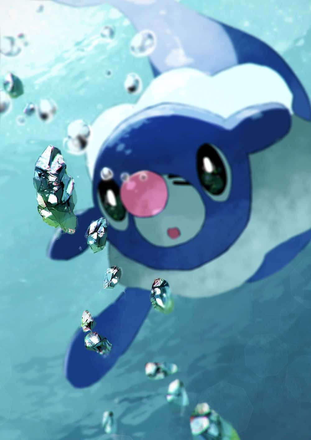 Popplio Looking At Water Crystals Background