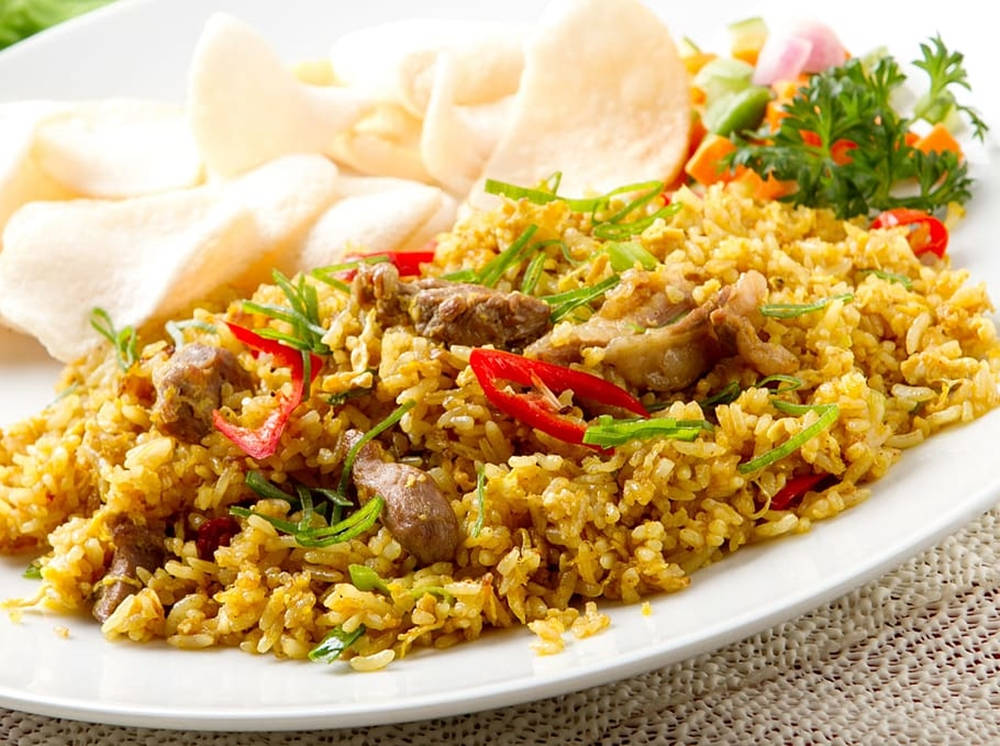 Pork Fried Rice With Rice Puff Crackers Background