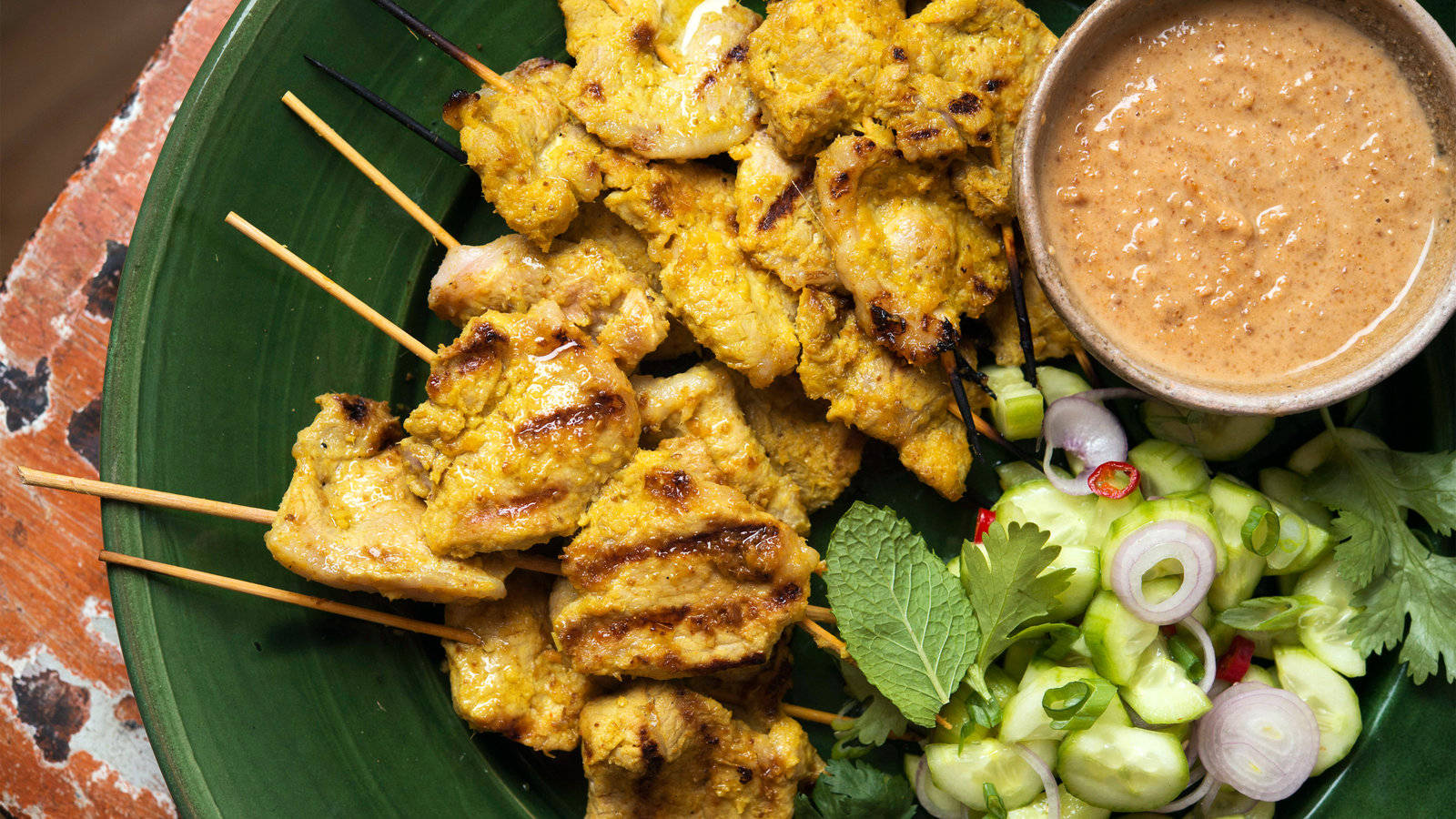 Pork Satay With Thai Spices And Peanut Sauce Background