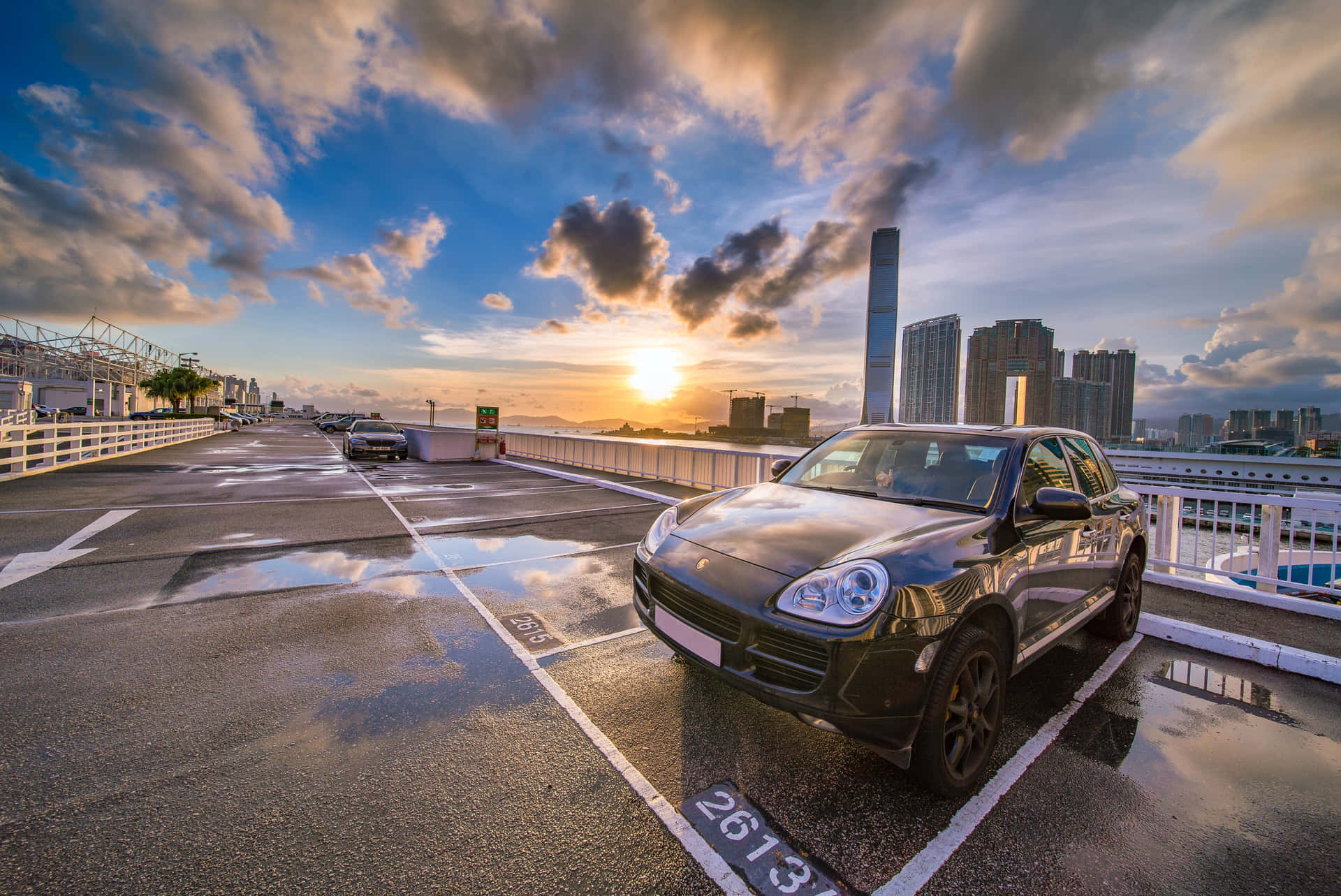 Porsche Supercar Rooftop Parking Lot Background