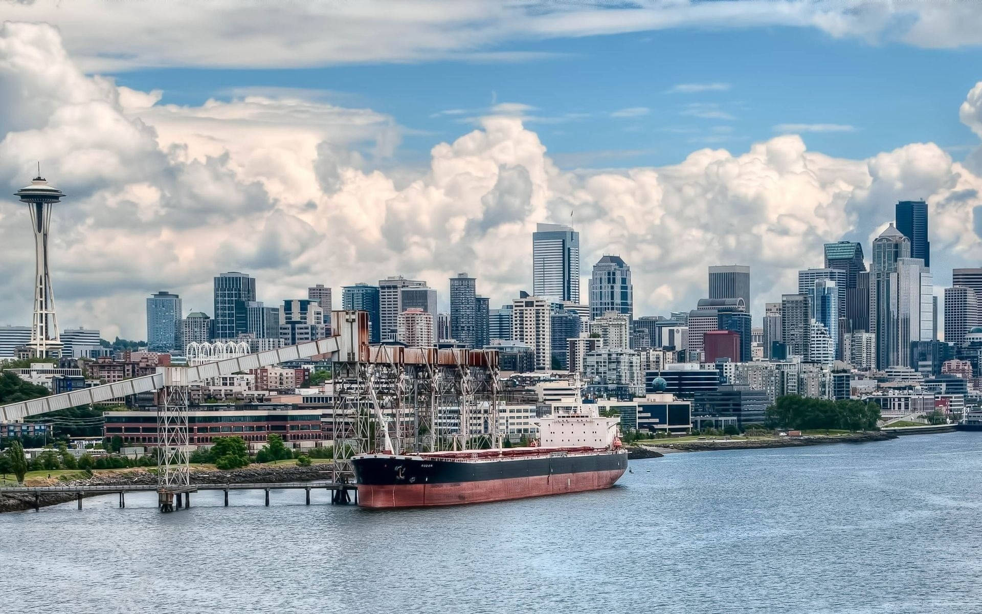 Port And Skyscrapers In Seattle Background