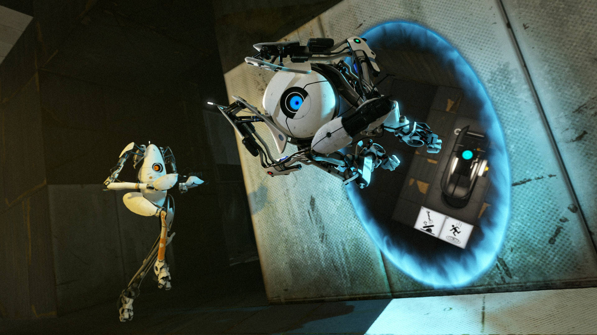 Portal 2 Machines Going Out Of The Portal Background