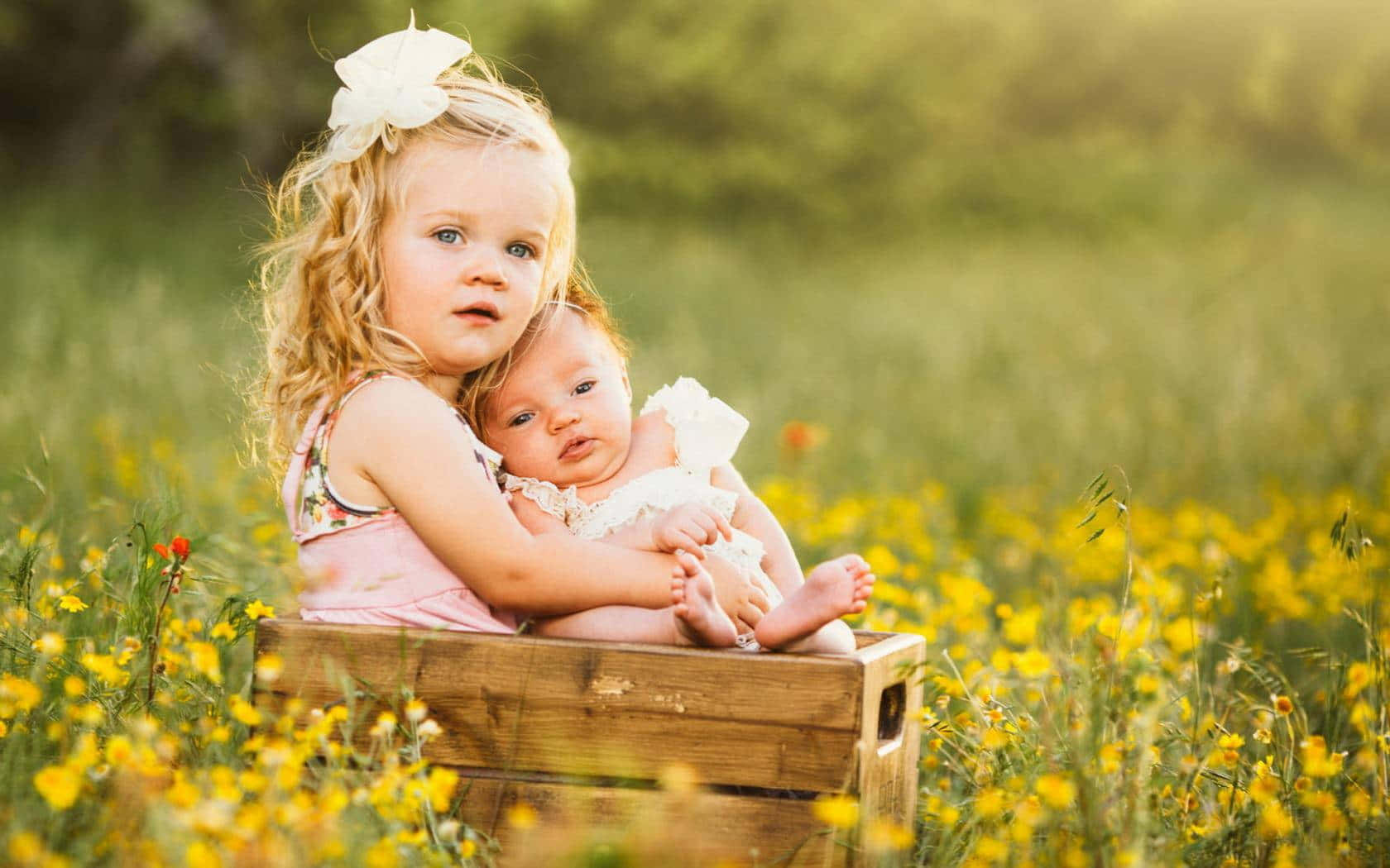 Portrait Of Girl And Baby Cute Sister Background