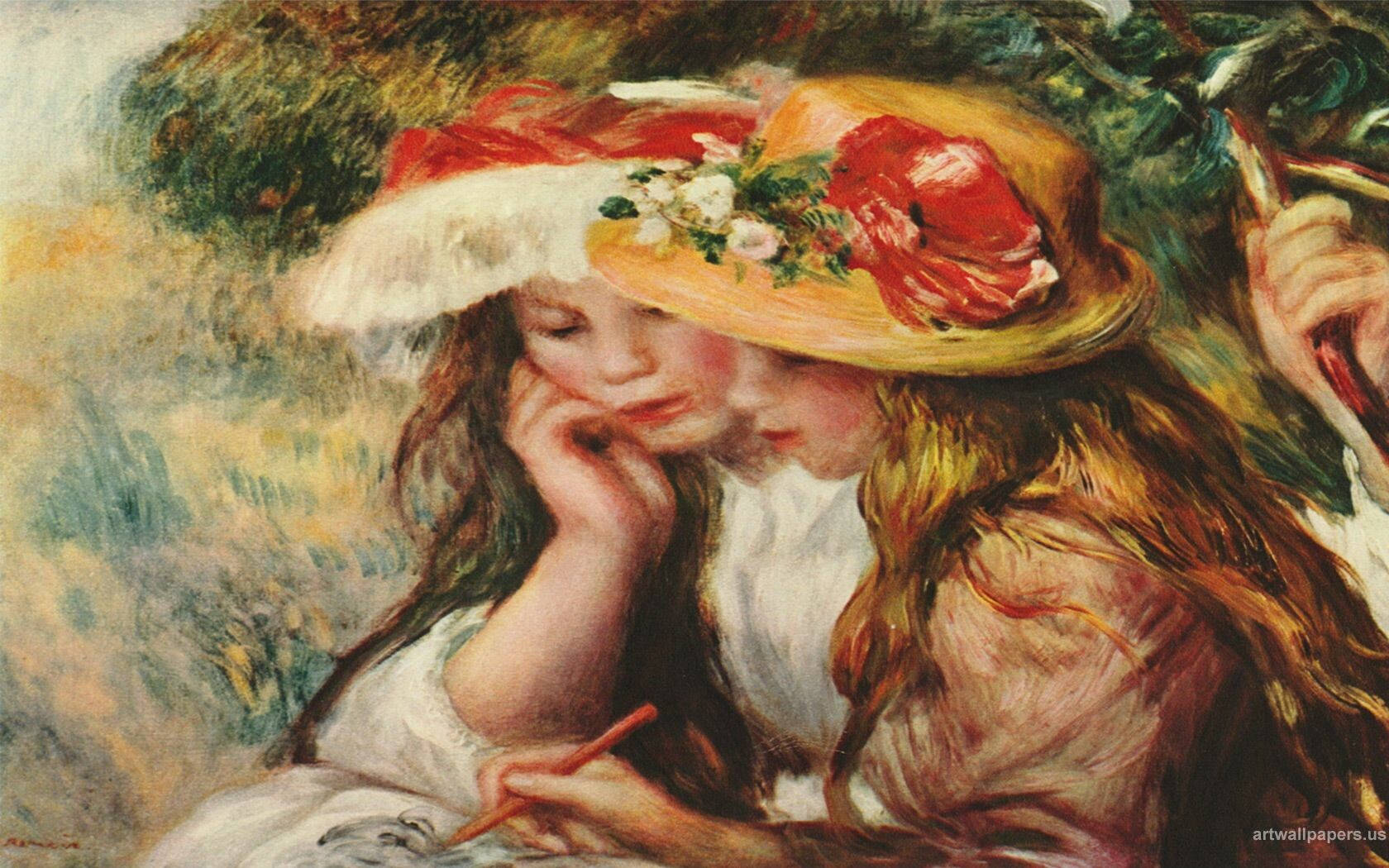 Portrait Of Young Girls With A Hat By Renoir Background