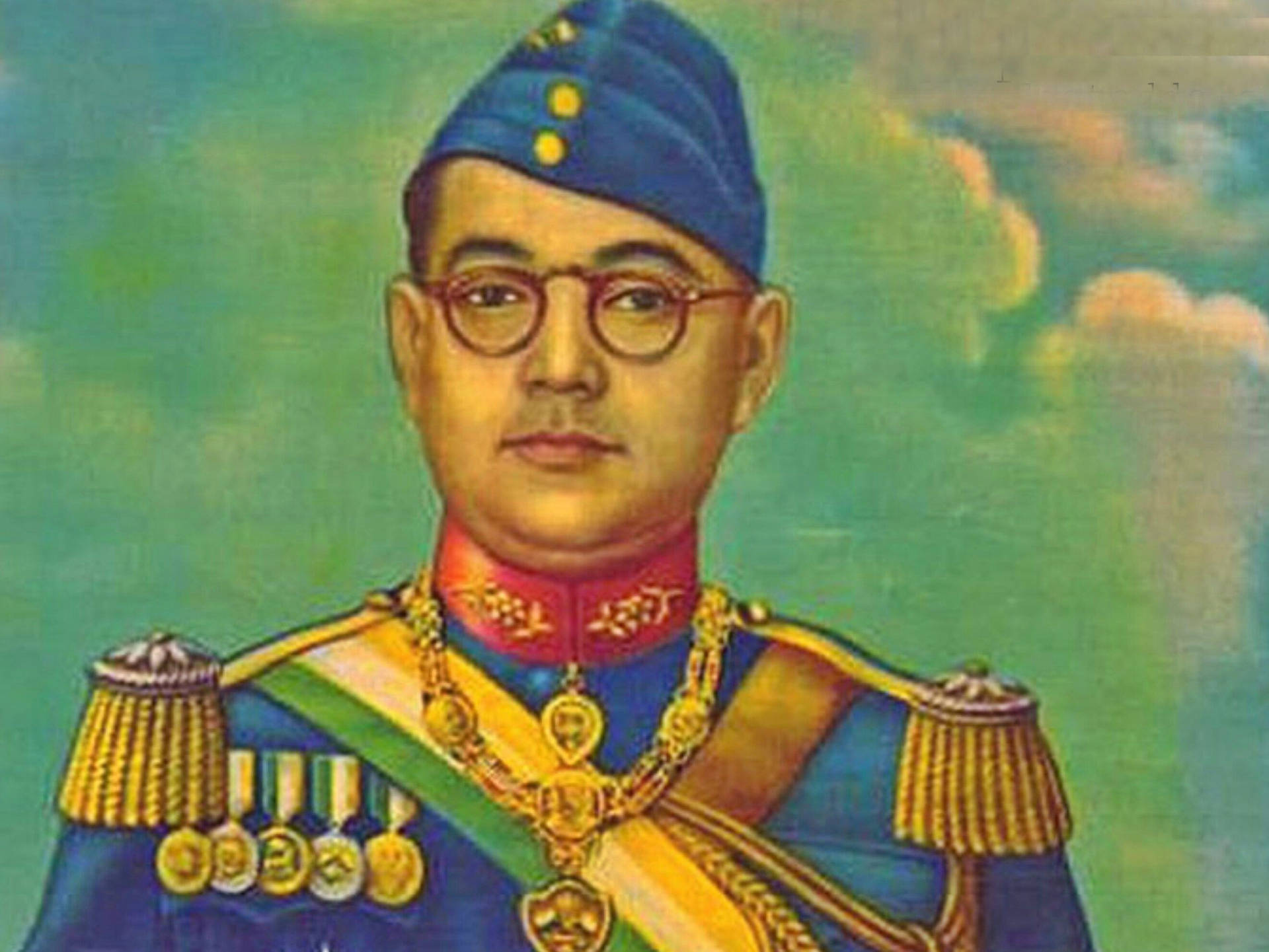 Portrait Painting Of Netaji Bose In Blue Uniform Background