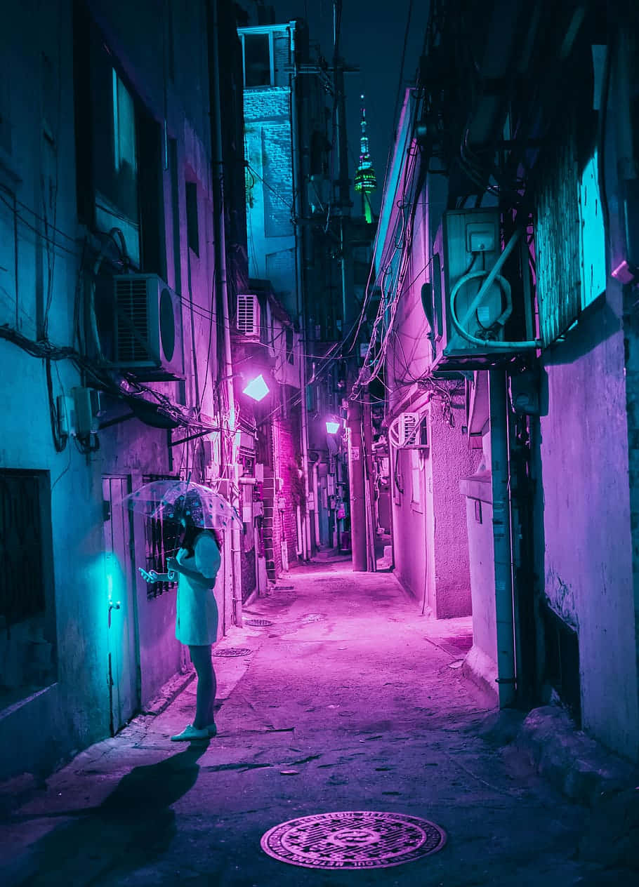 Portrait Photography Purple Neon Light Sidewalk