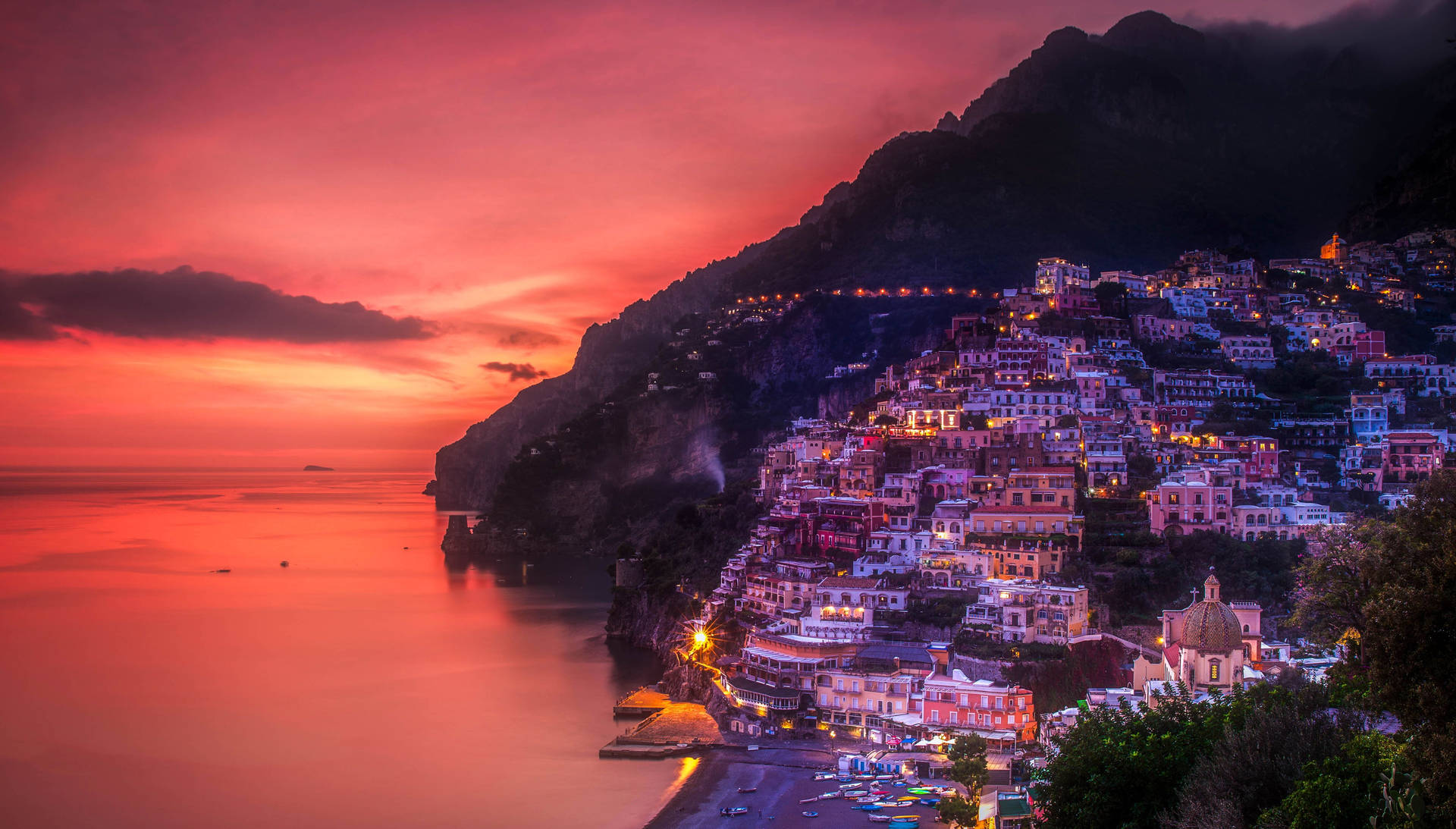 Positano Amalfi Coast Sunset Scenery Background