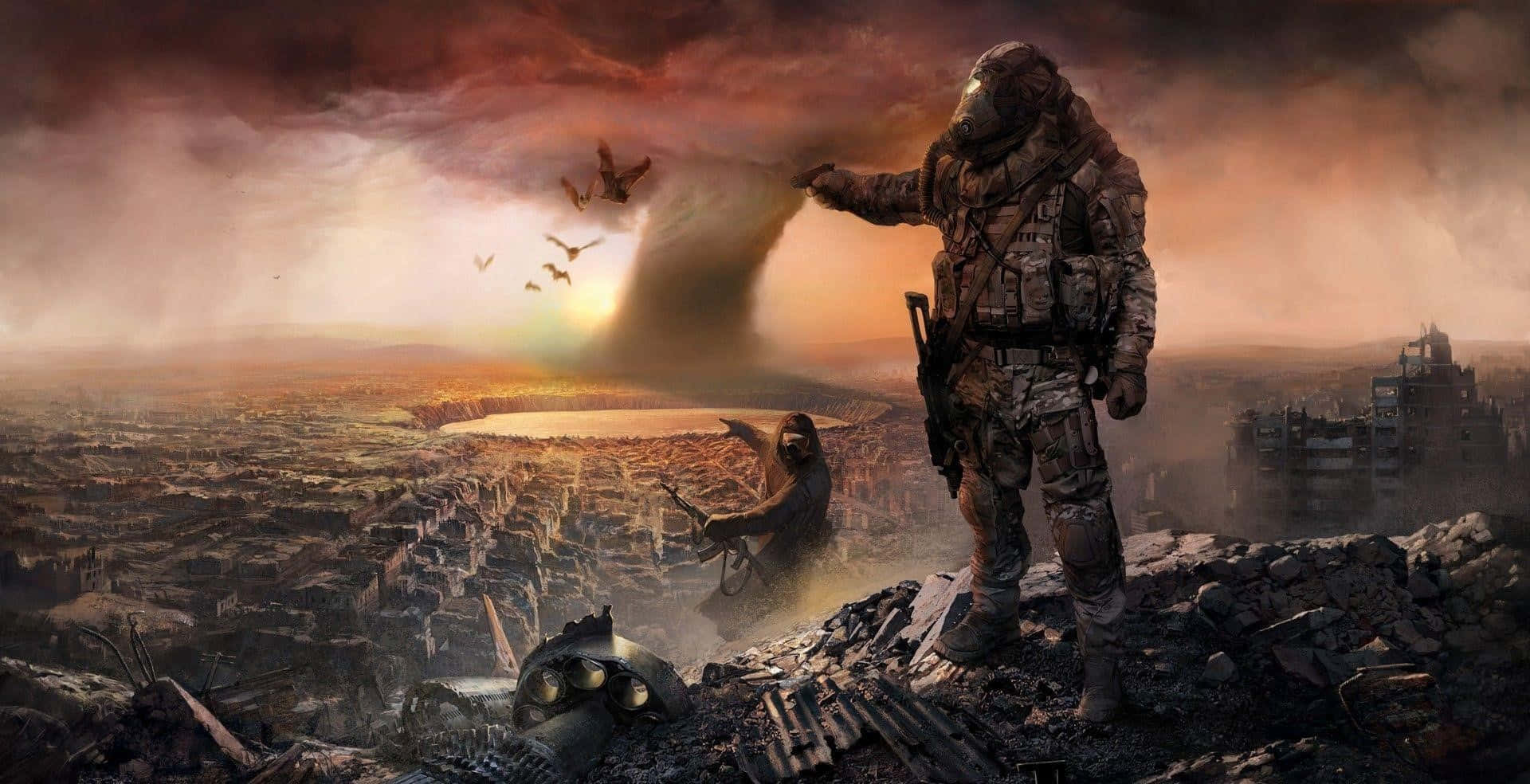 Post Apocalyptic Survivor Overlooking Ruins Background