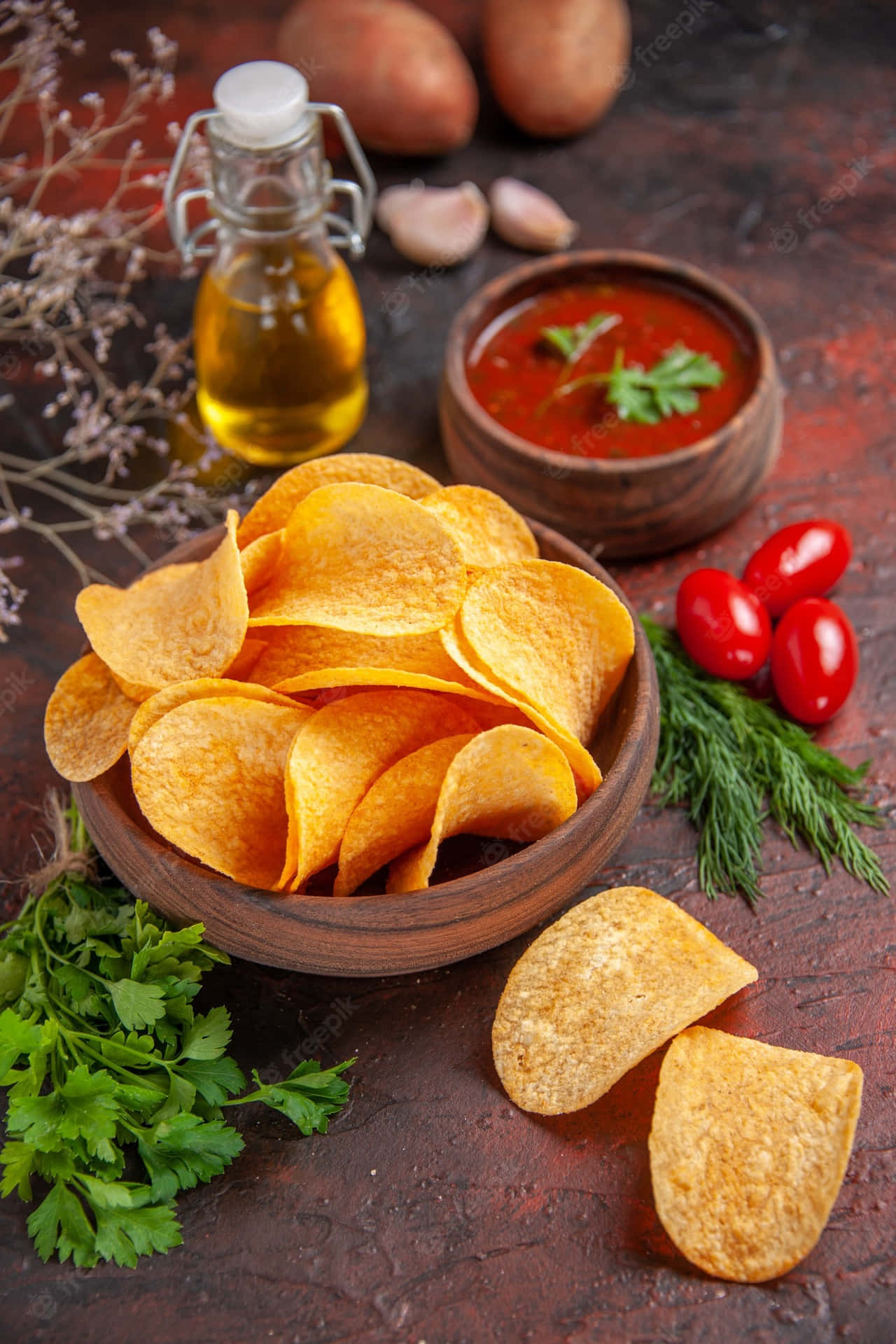 Potato Chips Dip And Tomatoes Background