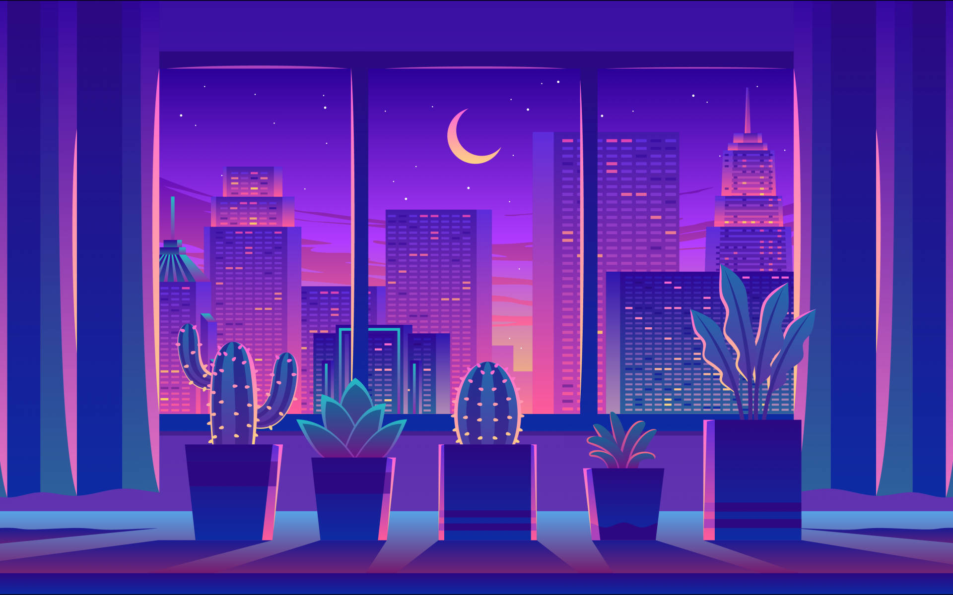 Potted City Plants Aesthetic Purple Neon Computer Background