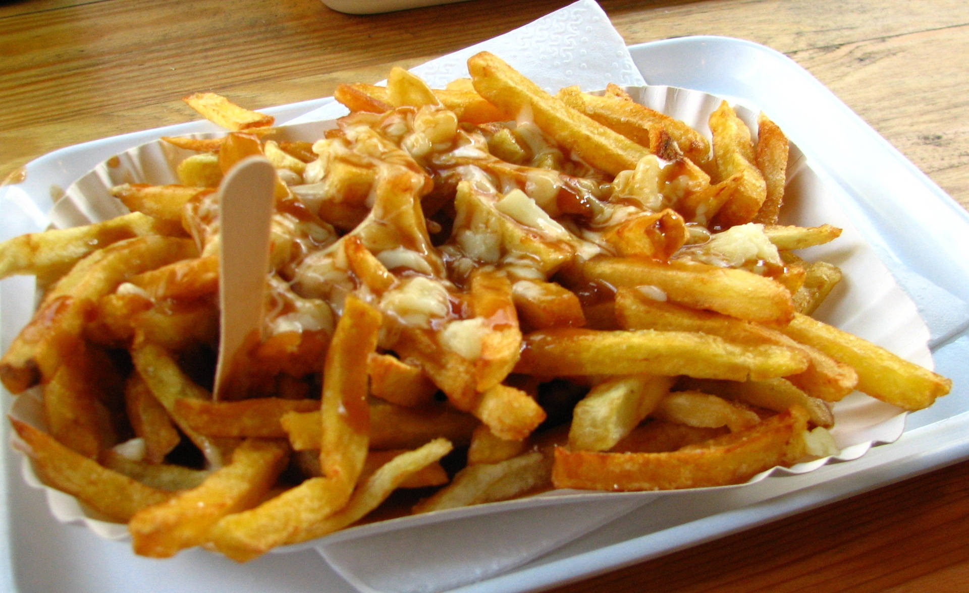 Poutine Fries Dish On Paper Plate Background