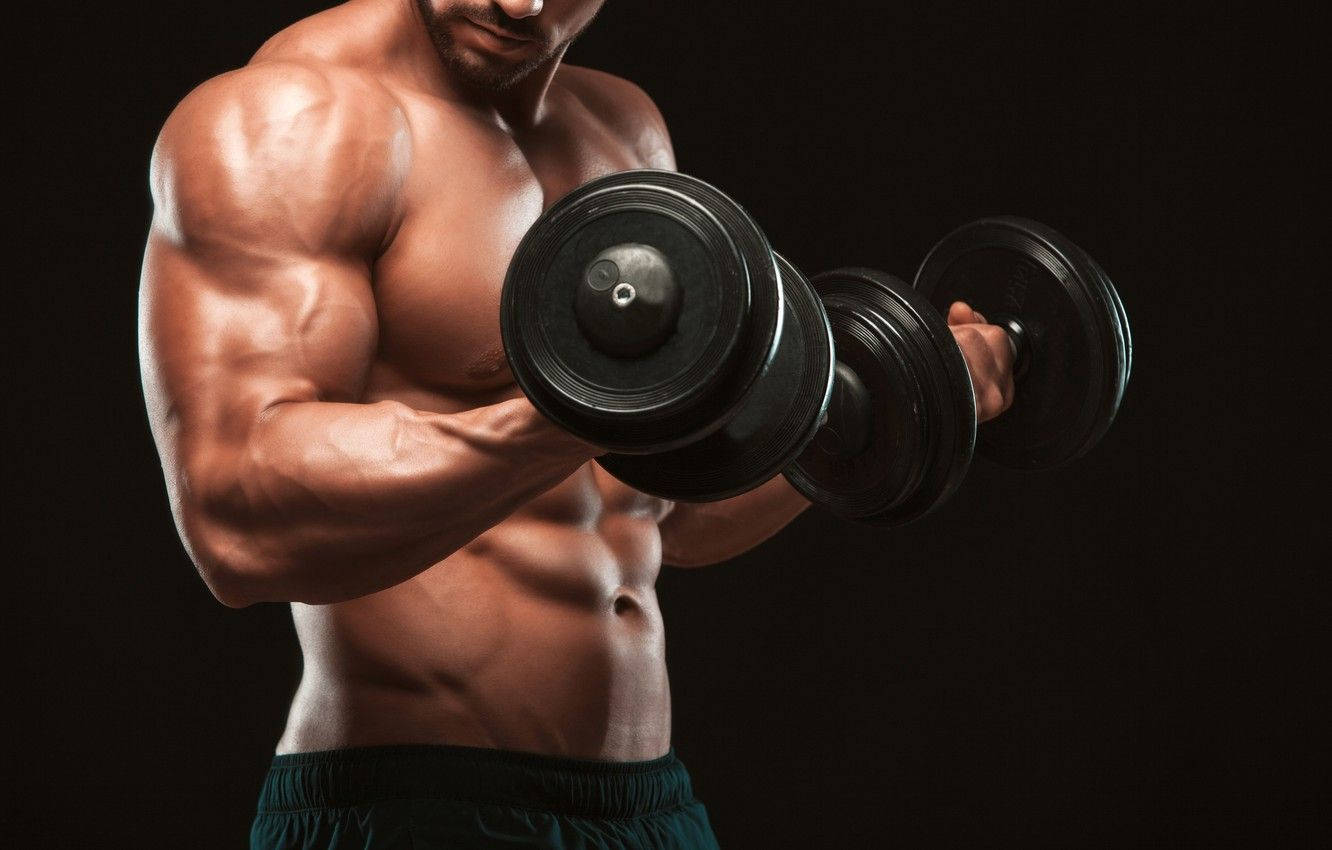 Power In Every Curl: Muscular Man Flexing Biceps Background