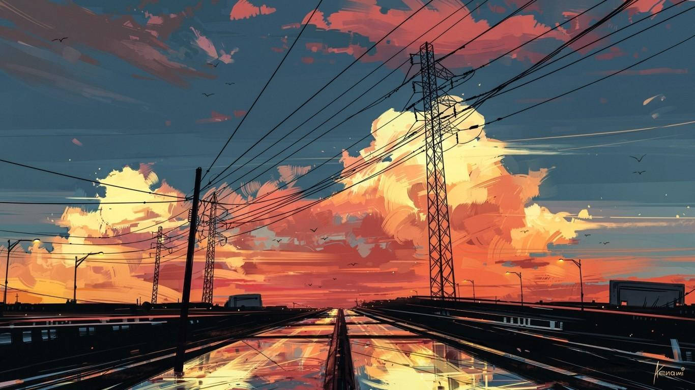 Power Line Tower Anime Aesthetic Sunset Background