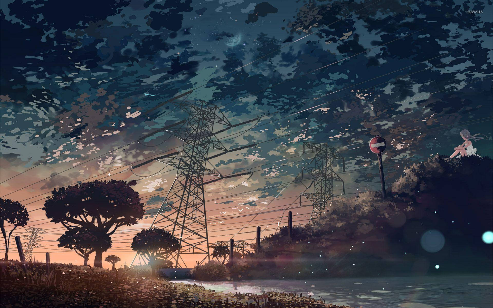 Power Lines Anime Aesthetic Sunset Background