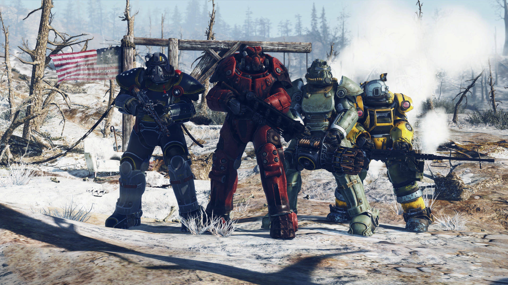 Power Up With Fallout 76's Colored Power Armor Suits Background