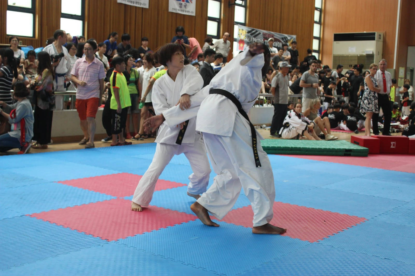 Powerful Hapkido Woman Performing An Arm Lock Background