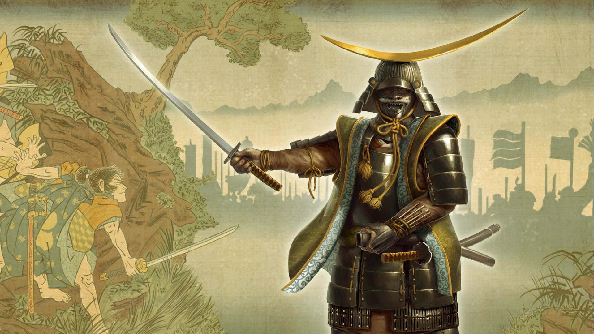Powerful Samurai Warrior In Battle Background