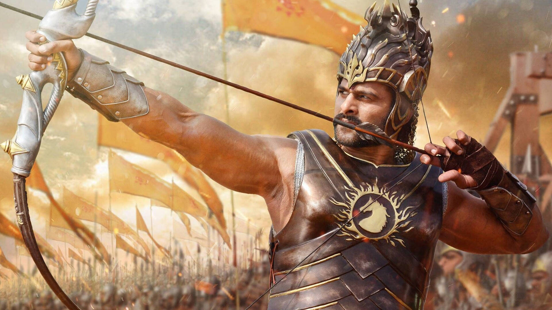 Prabhas Hd Baahubali Aiming An Arrow Background