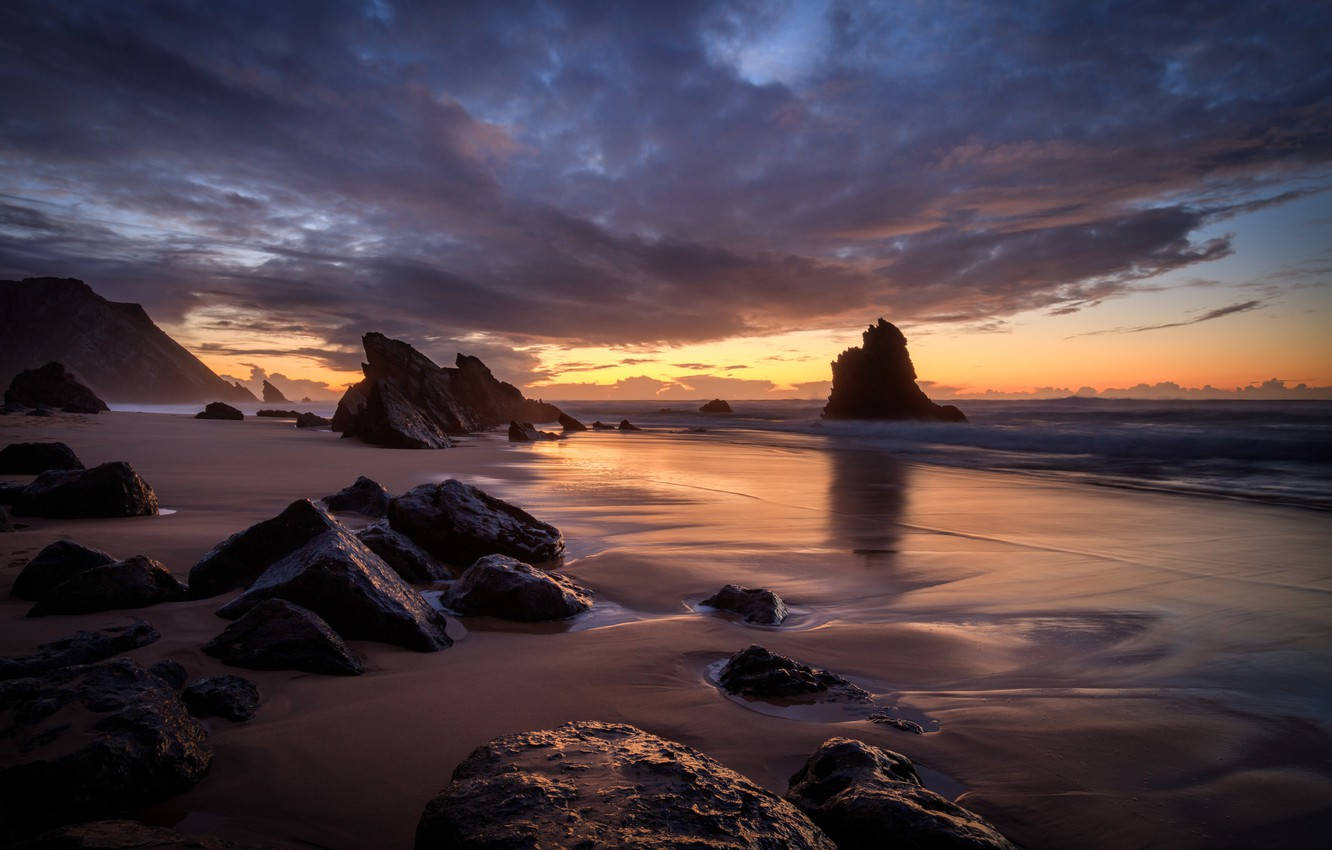 Praia Da Adraga In Sintra Sunset Background