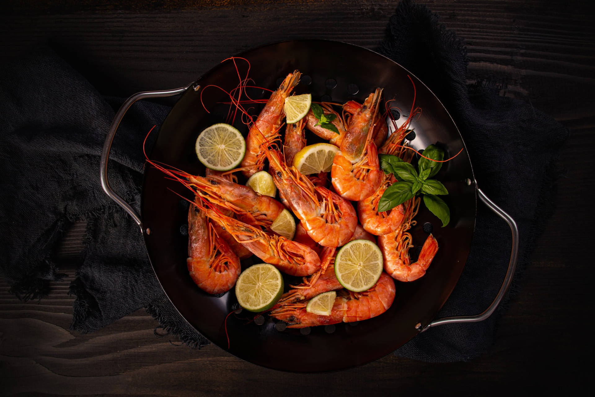 Prawns Lemon Slices And Basil Leaves Background