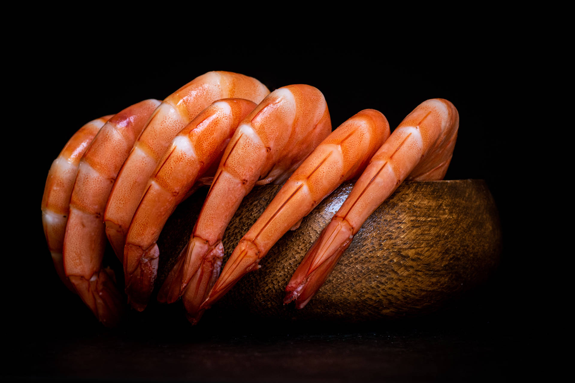 Prawns Served On Wooden Bowl Background