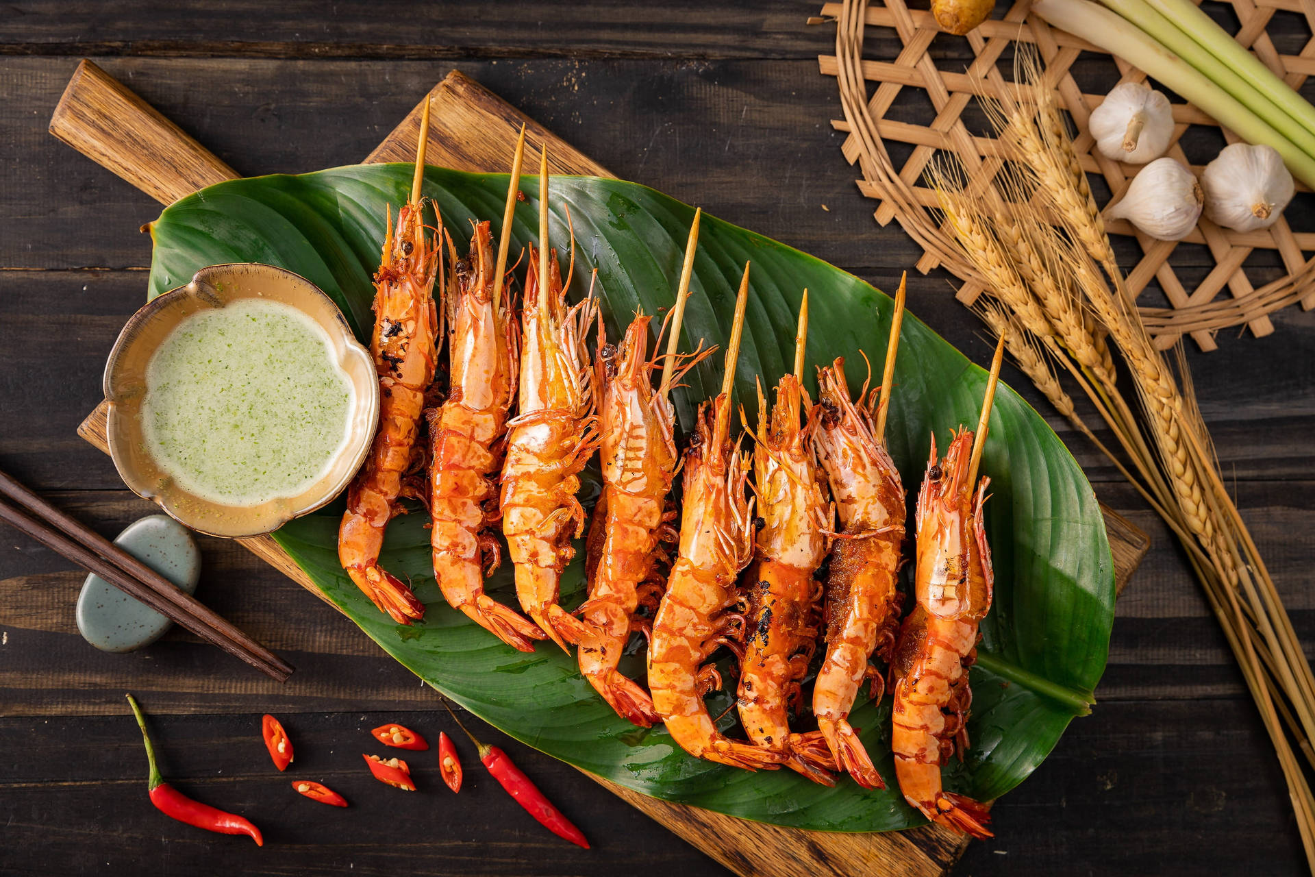 Prawns Skewers On A Banana Leaf