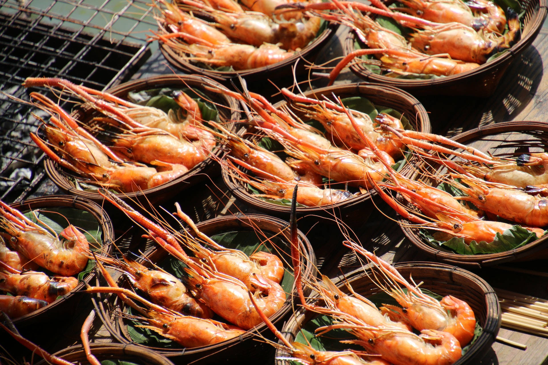 Prawns Sun-dried On Wooden Platters Background