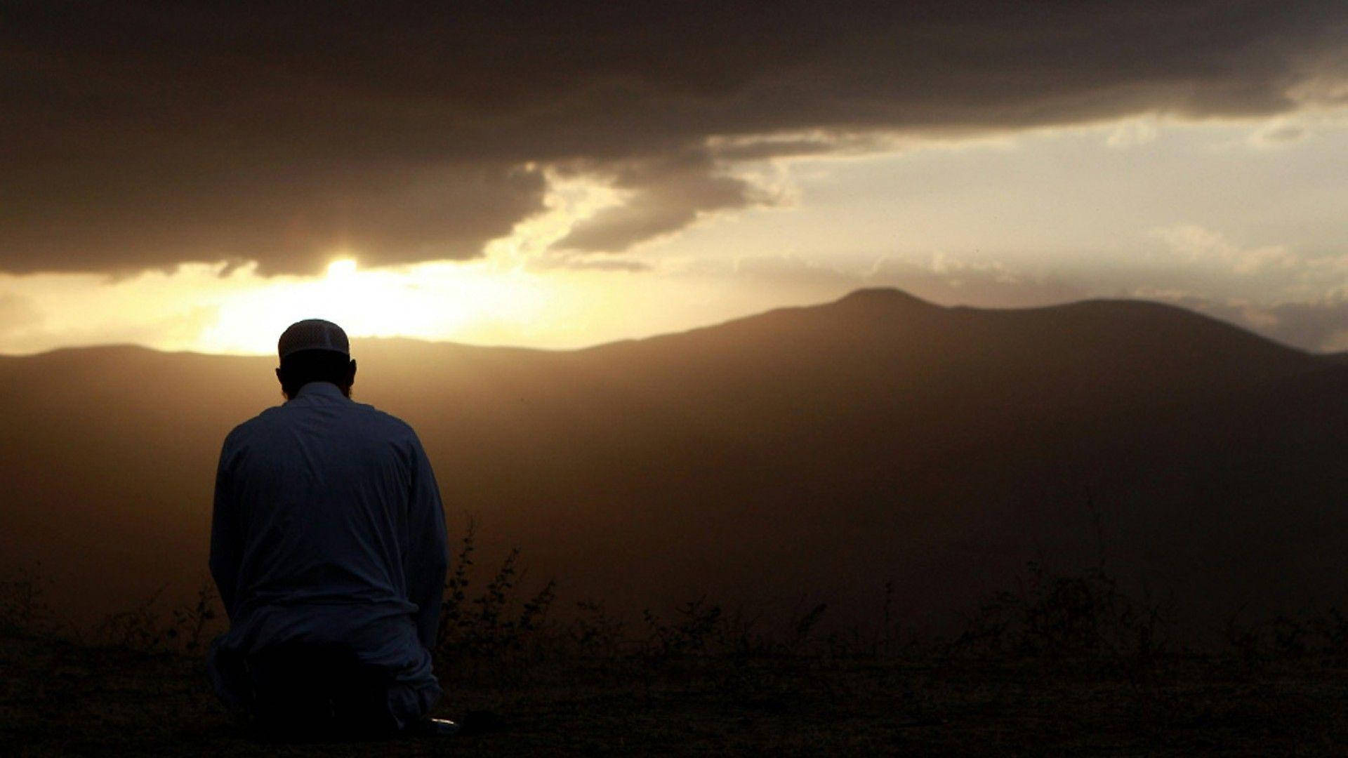 Prayer Man Looking Ahead Sunset Background