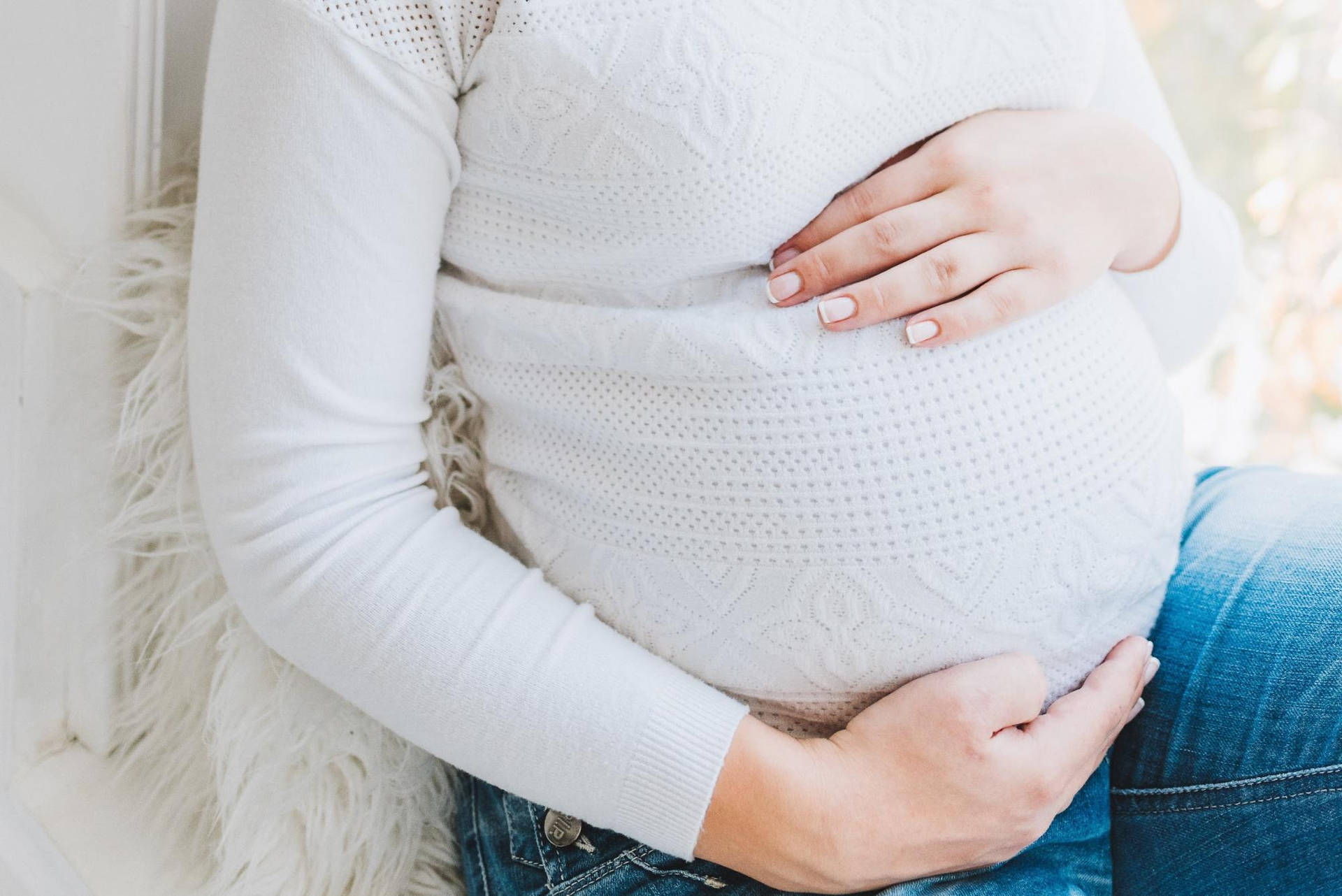 Pregnant Belly White Sweater Jeans Background