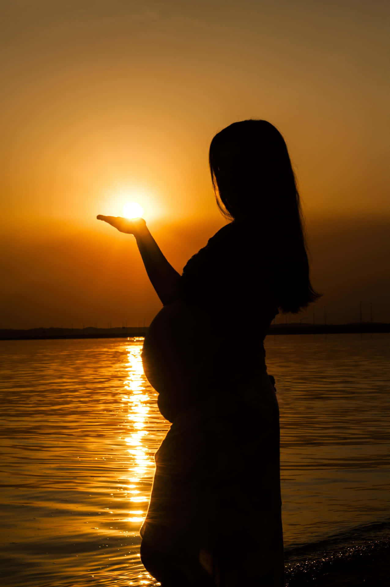 Pregnant Woman Setting Sun In Hand Background