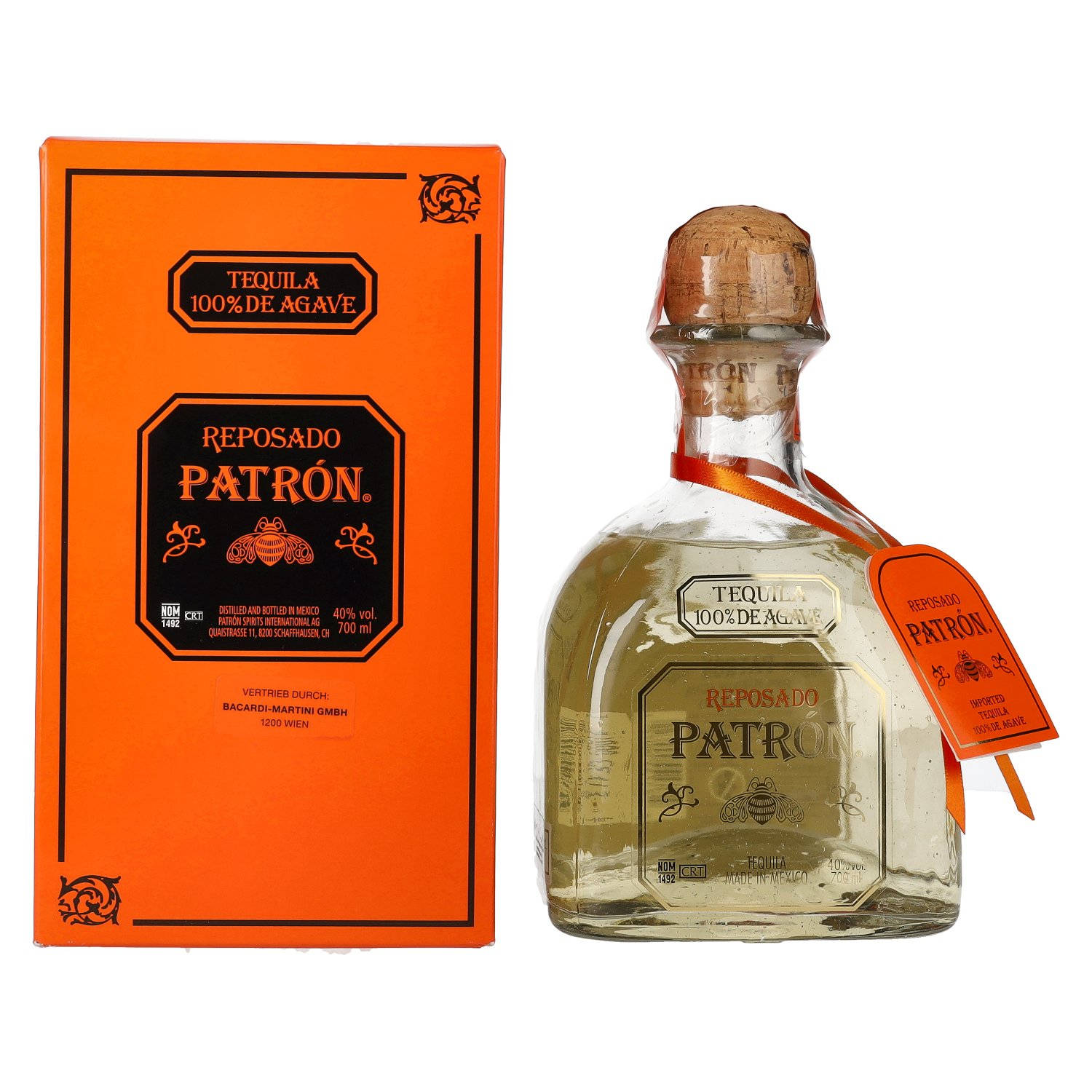 Premium Patron Reposado Tequila With The Brand's Signature Box Background