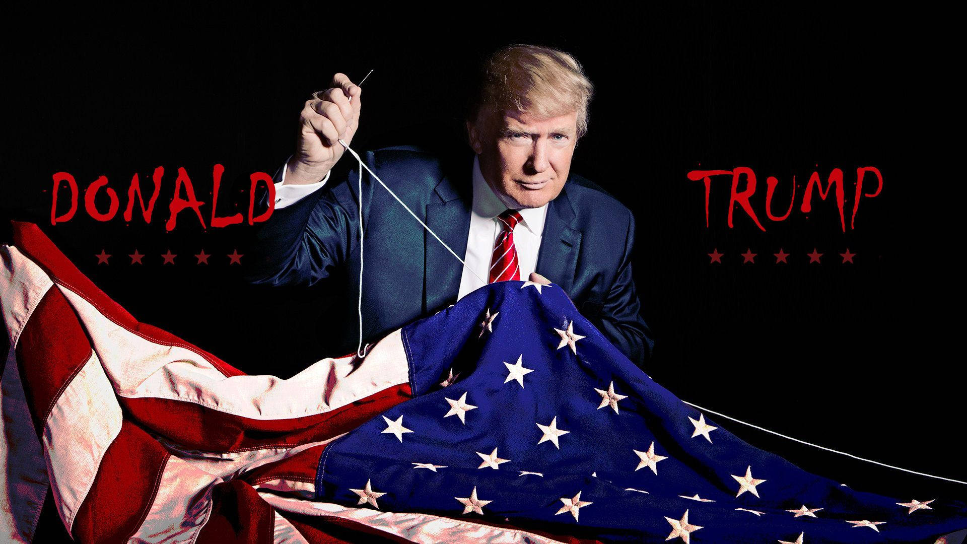 President Donald Trump Proudly Sews An American Flag Background
