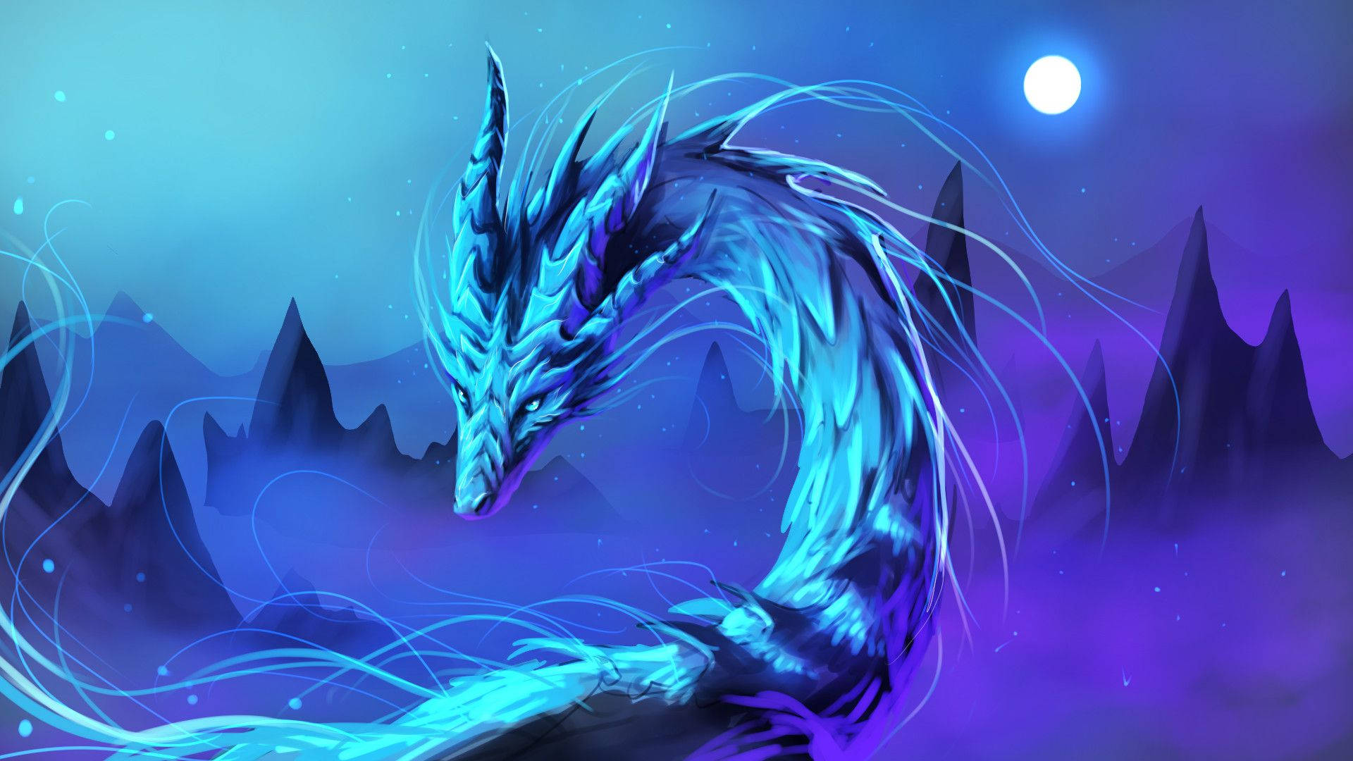 Pretty Blue Ice Dragon On Mountains Background