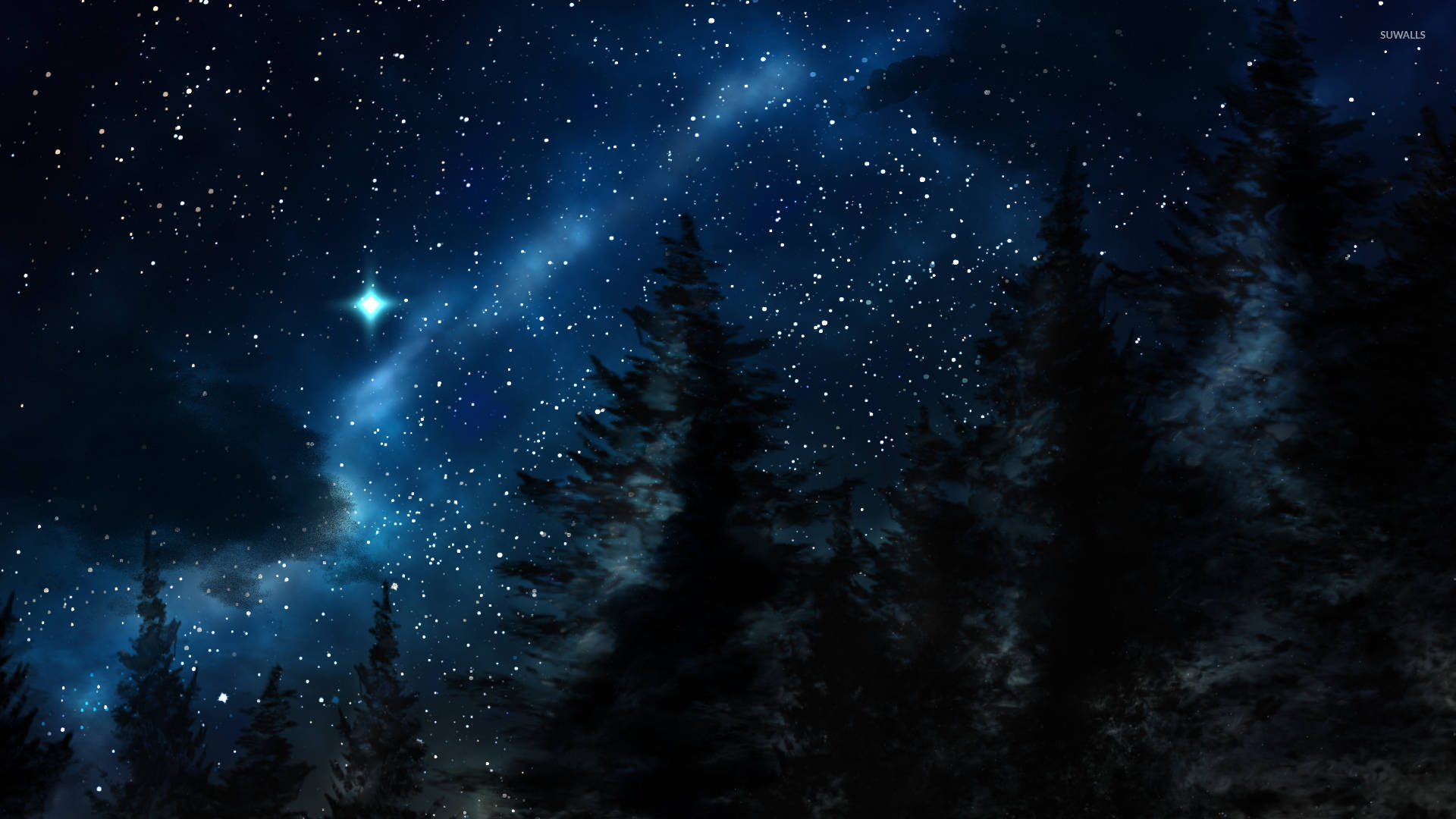 Pretty Blue Starry Night In The Woods Background