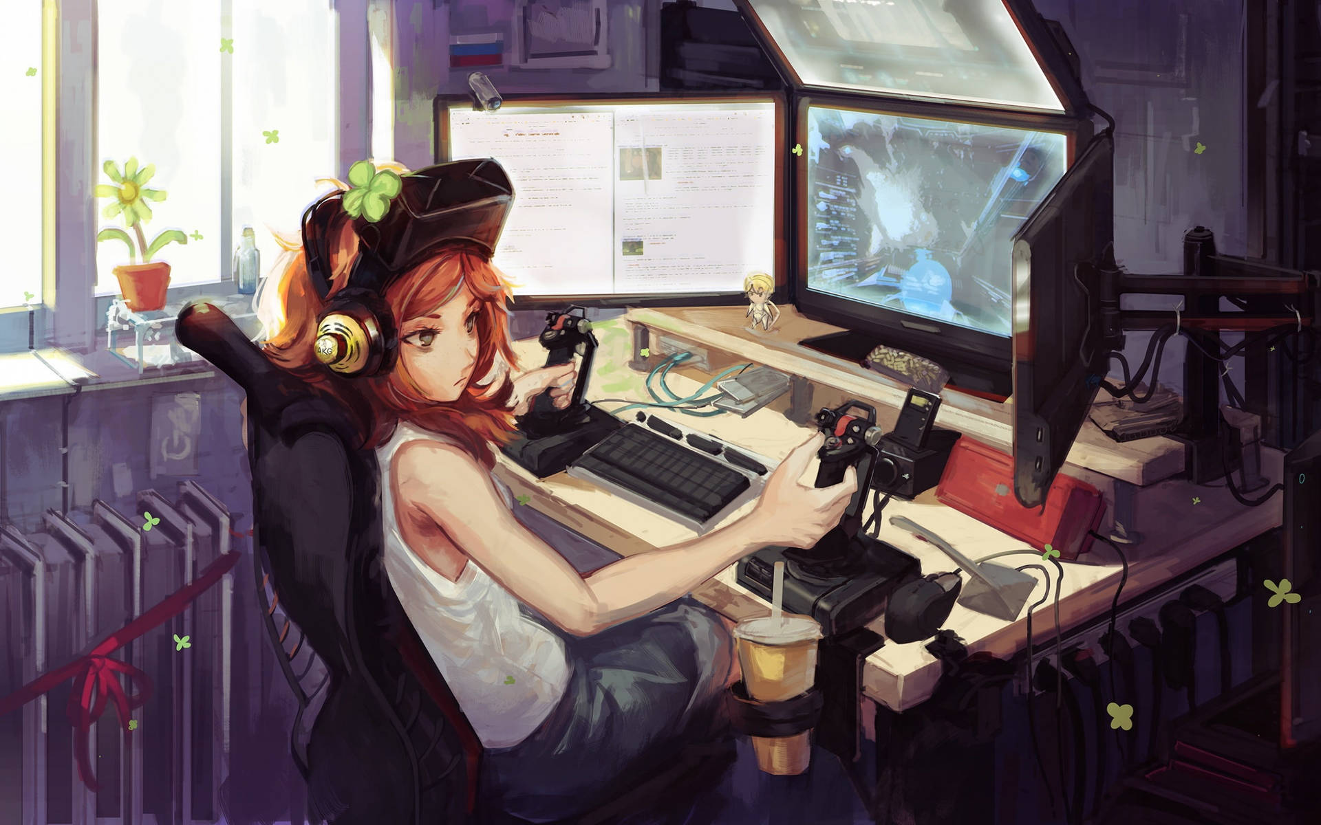 Pretty Girl Cartoon Gamer At Home Background