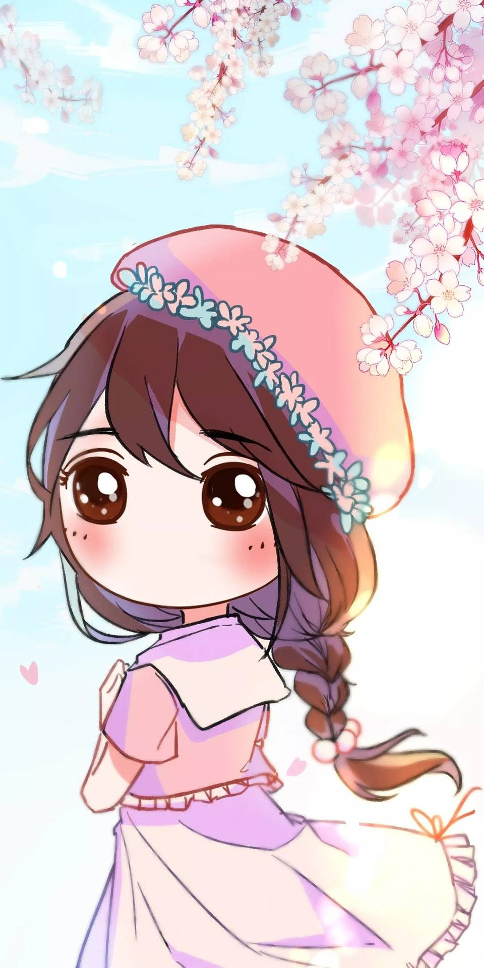 Pretty Girl Cartoon Under Sakura Tree Background