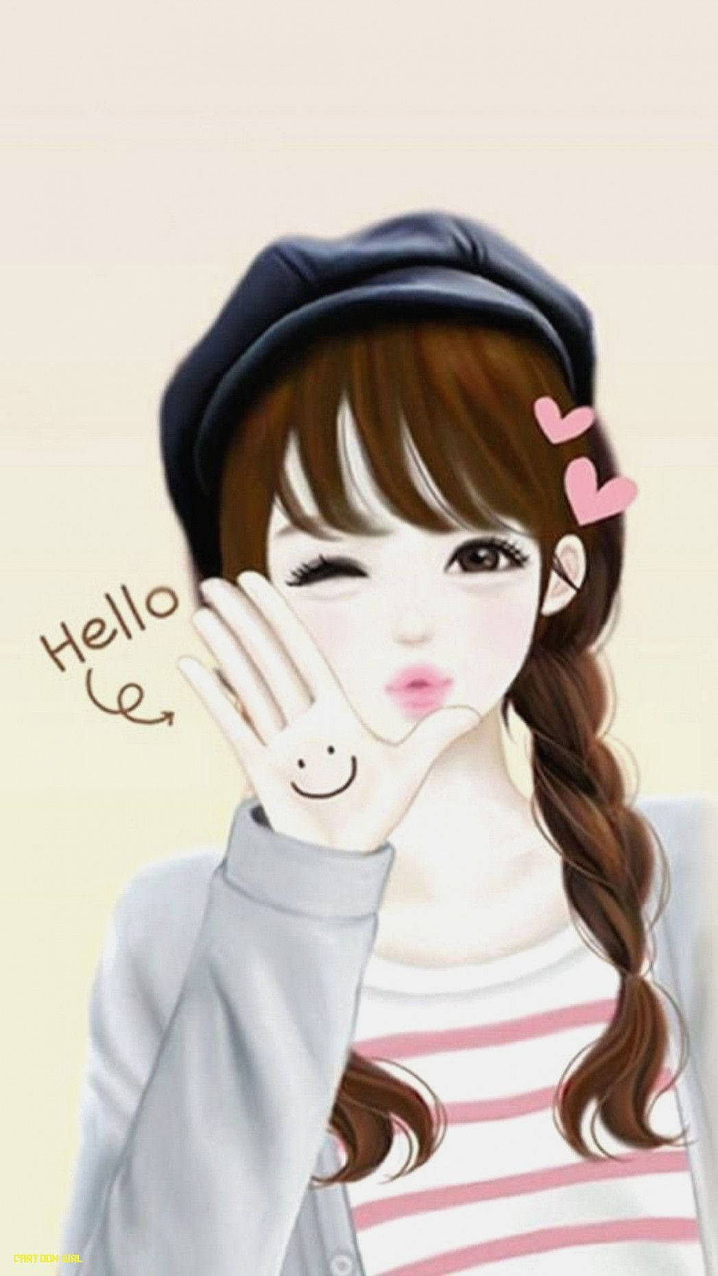 Pretty Girl Cartoon With Hello Text Background