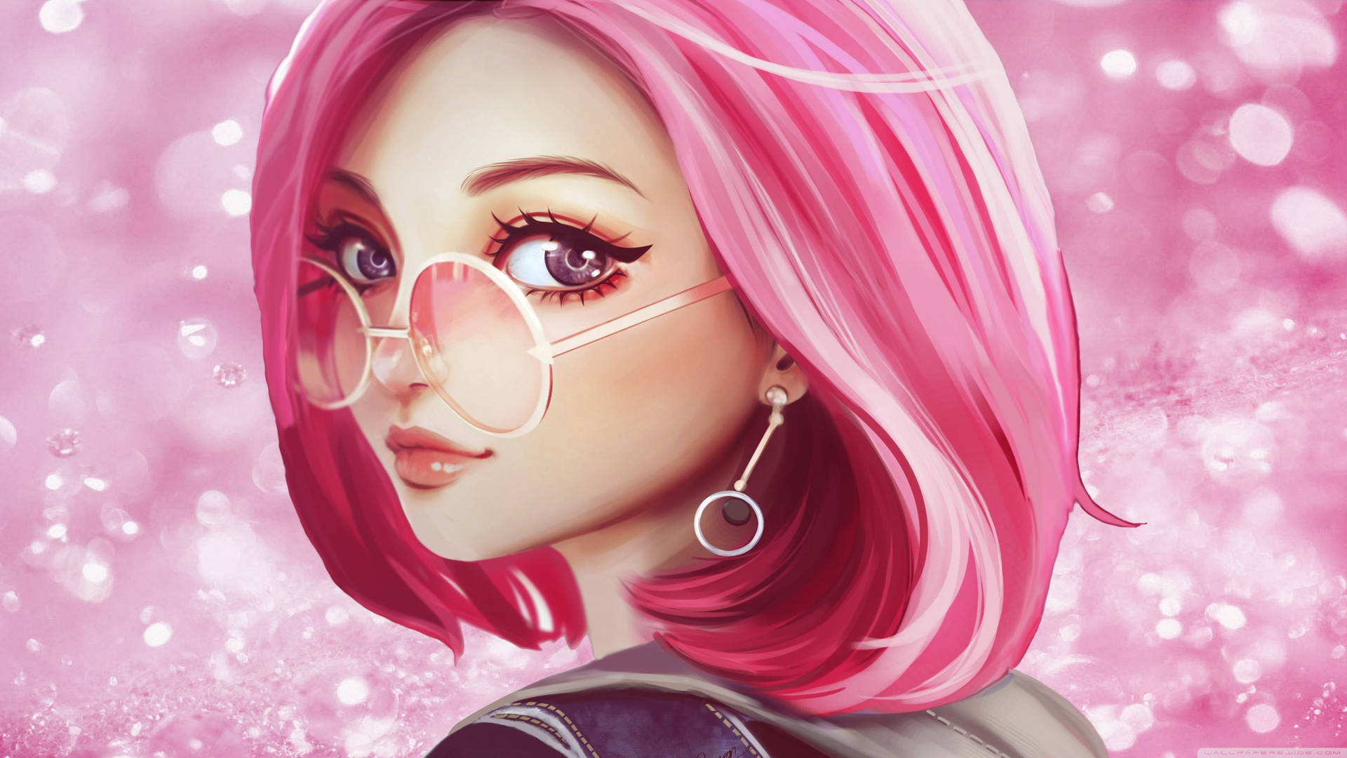 Pretty Girl Cartoon With Pink Hair Background