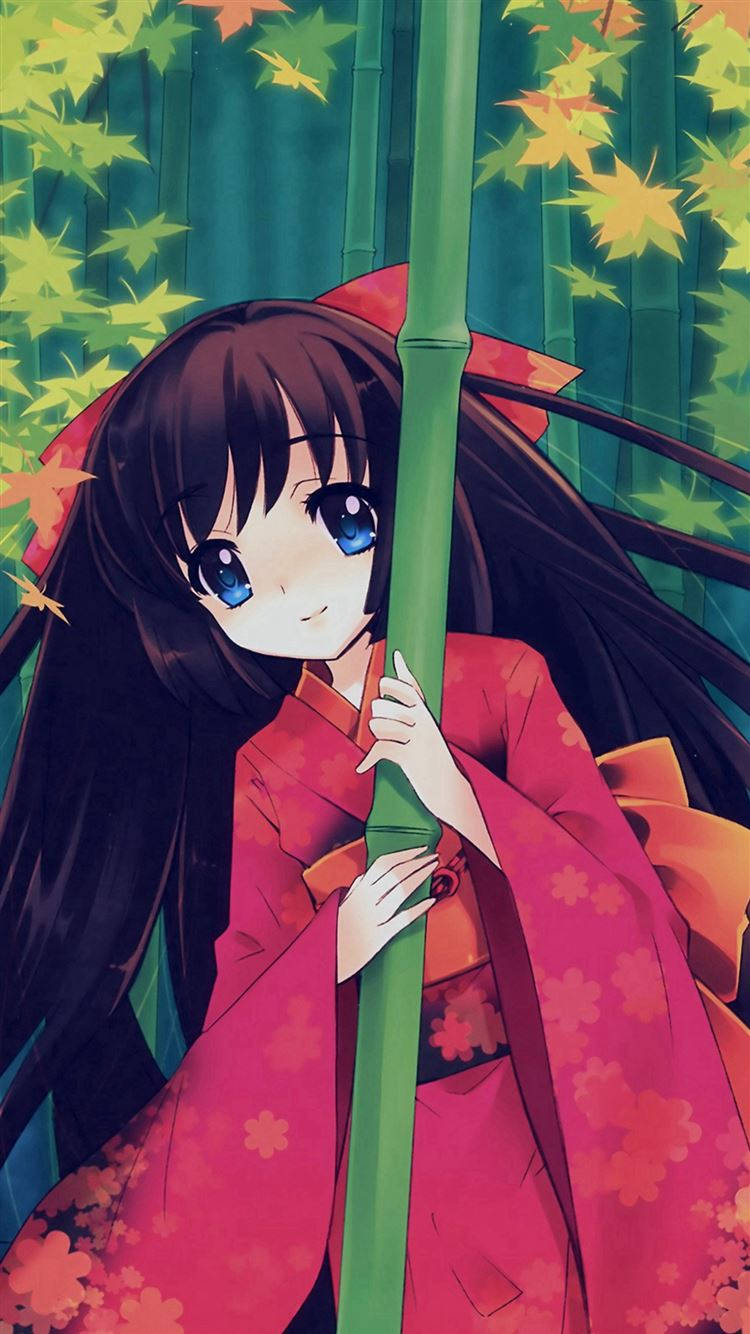 Pretty Japanese Anime Girl In Red Kimono Background