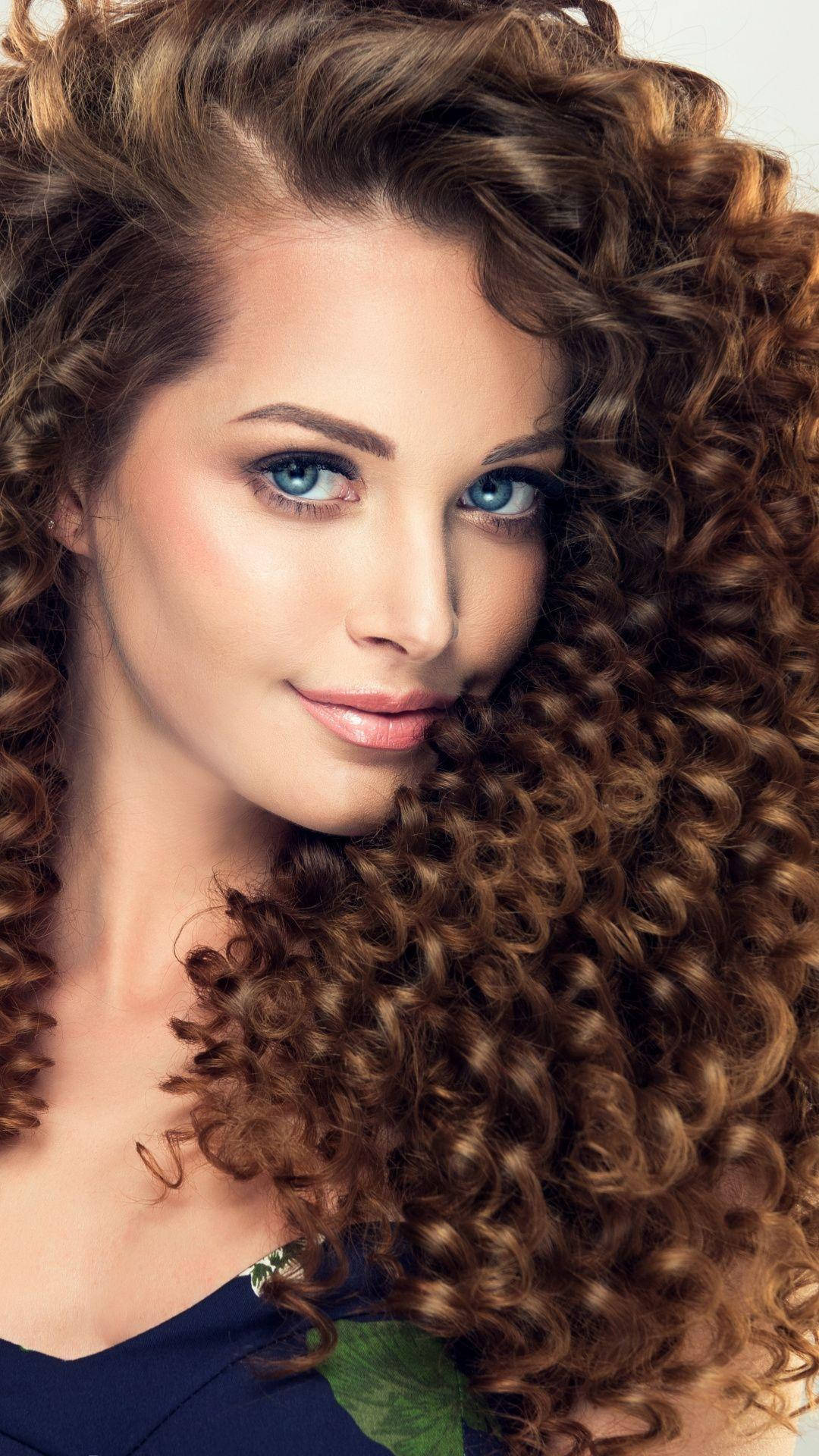 Pretty Lady With Brown Curly Hair Background