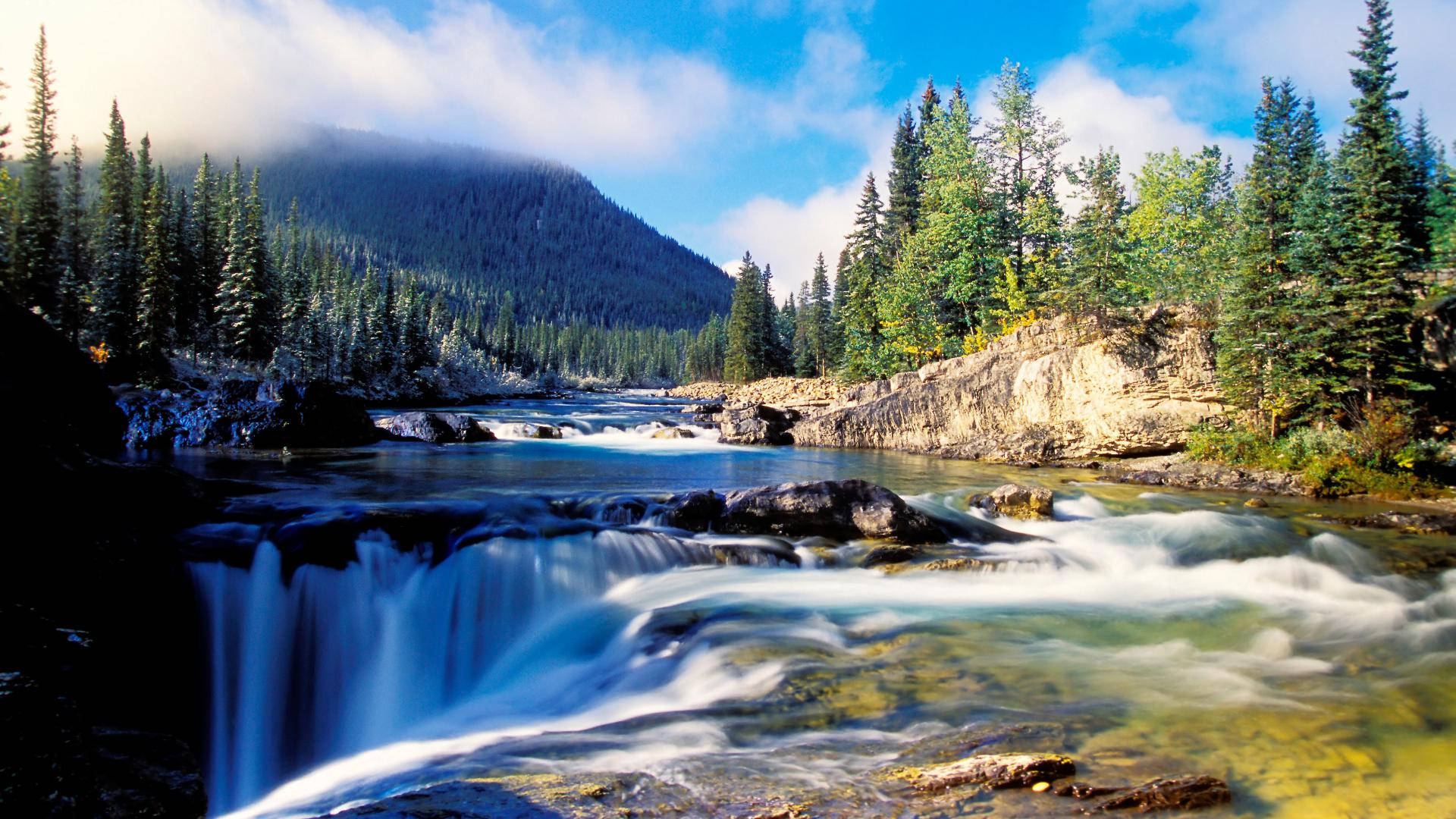 Pretty Landscape Mountain River Waterfall Background