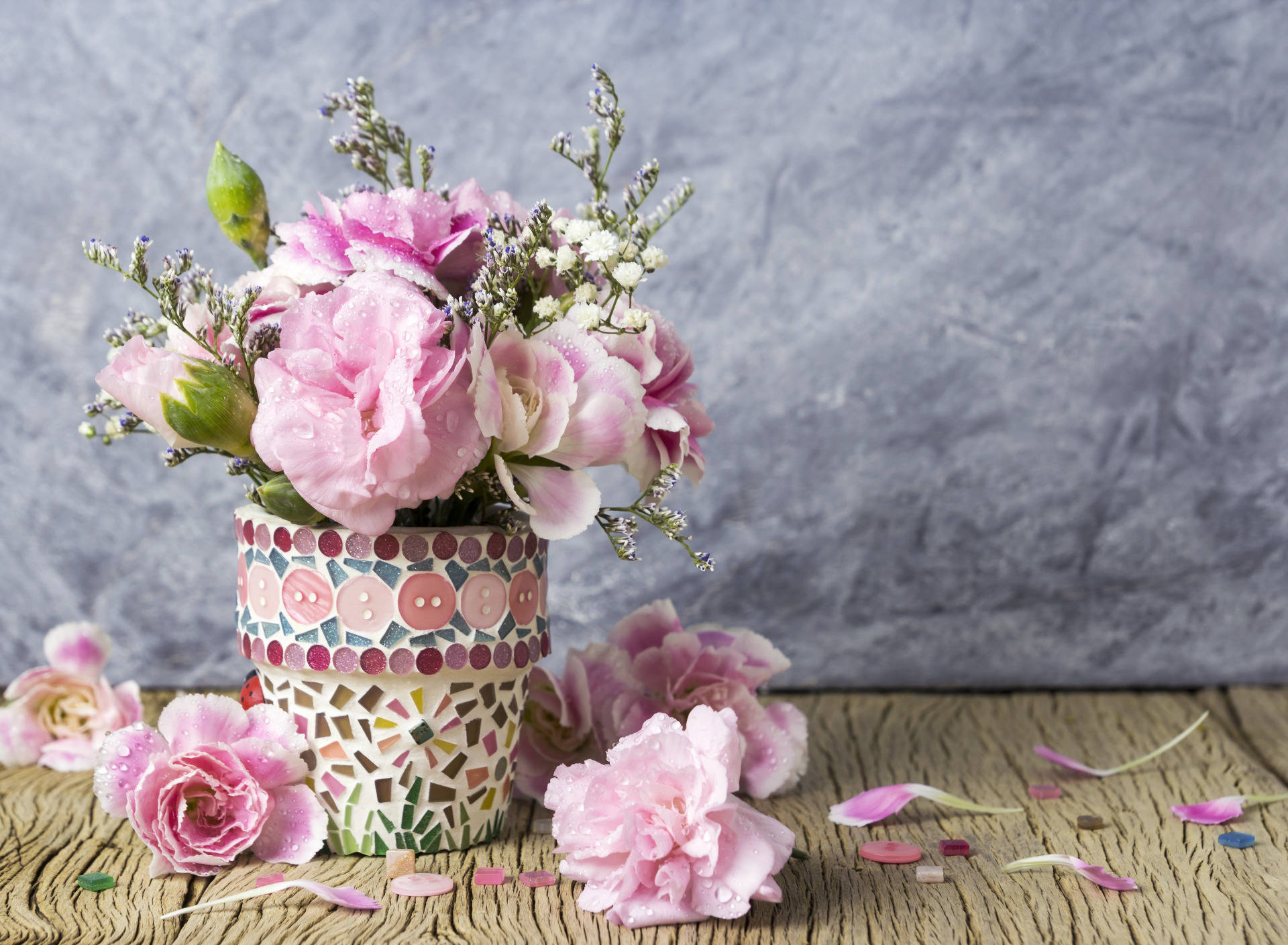 Pretty Pink Flower Bouquet In A Crystal Vase Background