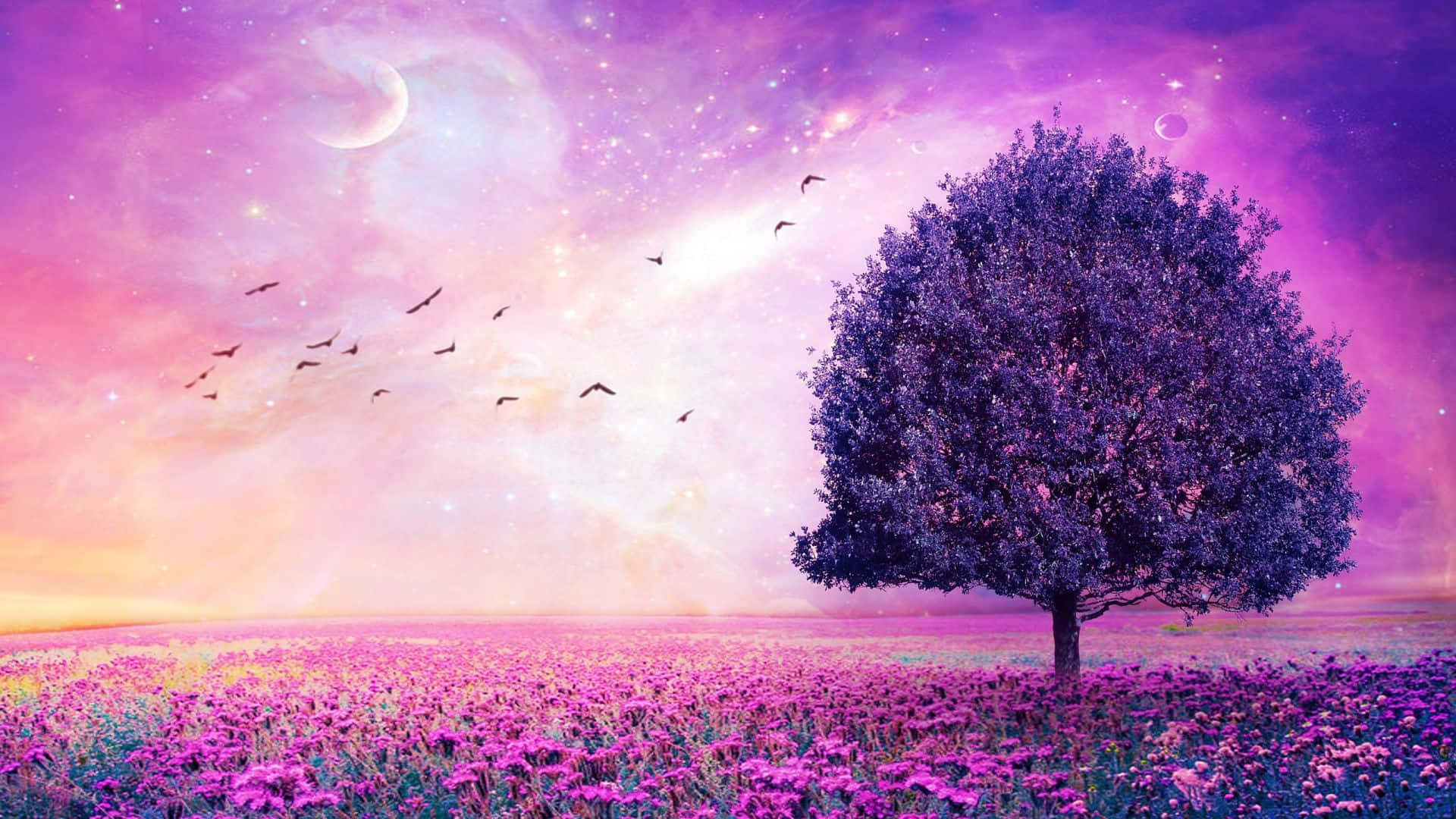 Pretty Purple Tree In A Field Of Flowers Background