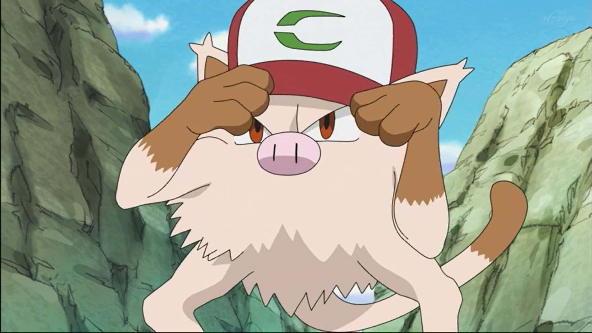 Primeape Pokemon Wearing Red And White Cap Background