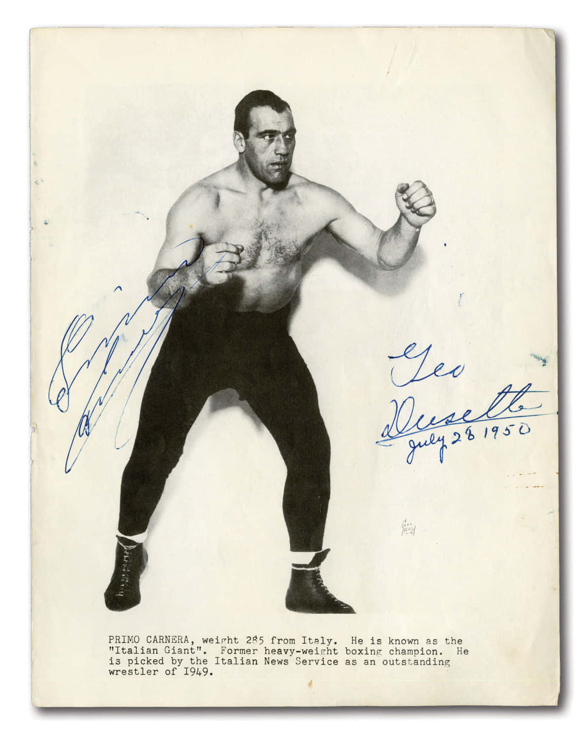 Primo Carnera, Legendary Heavyweight Boxing Champion - Signed Vintage Photograph Circa 1950