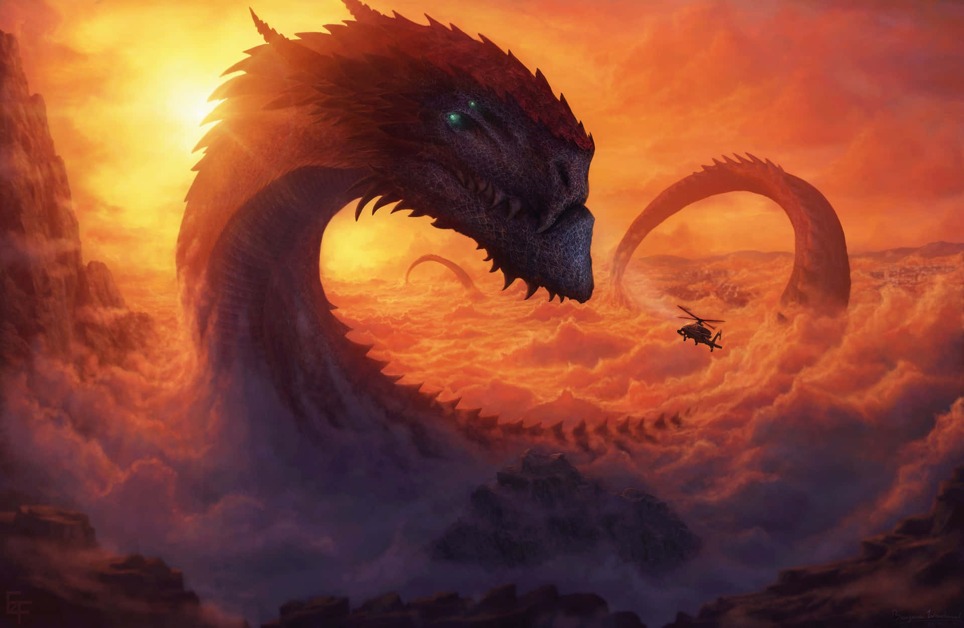 Primordial Dragon Spotted By A Helicopter Background