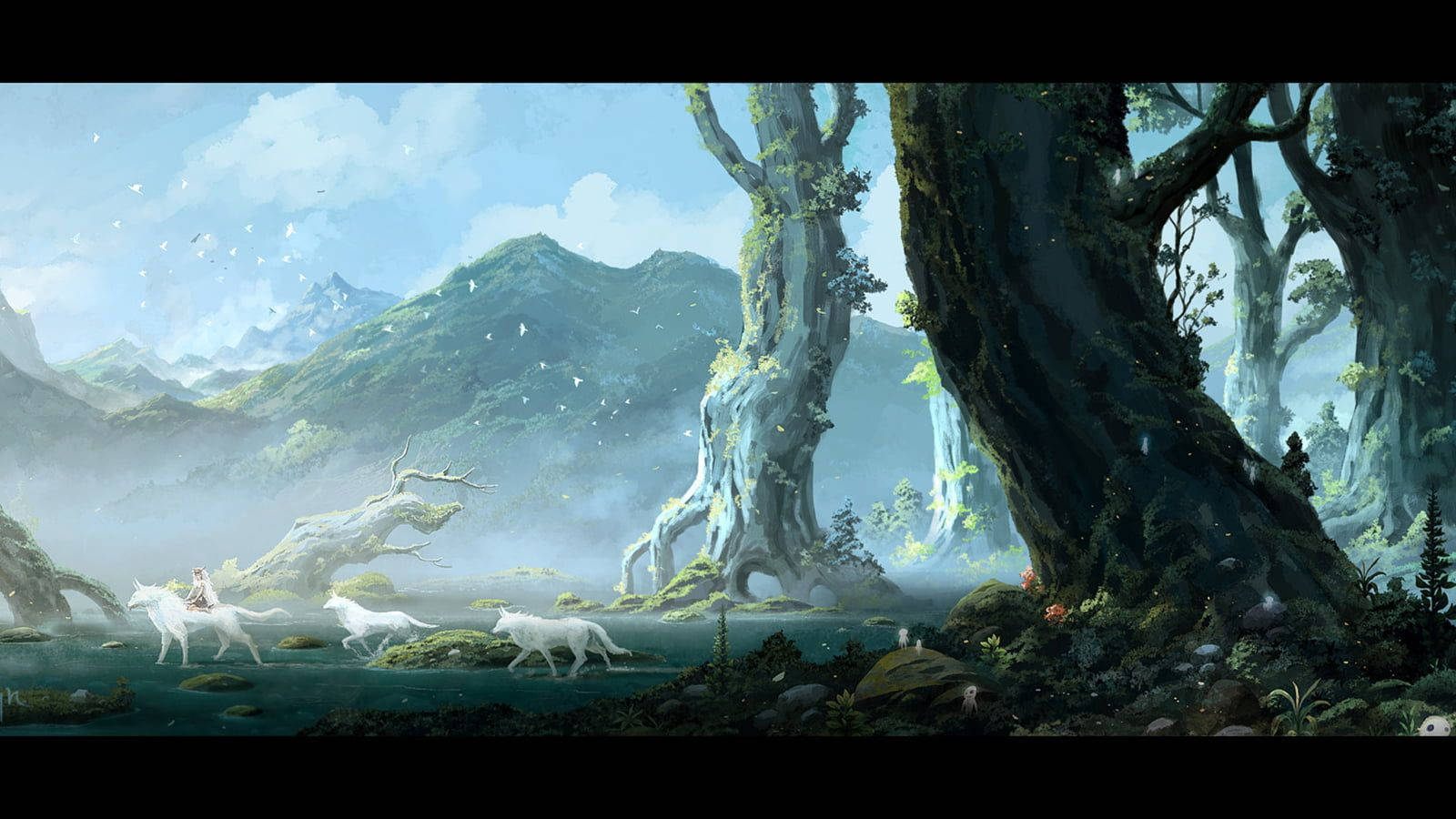 Princess Mononoke And White Wolves Background